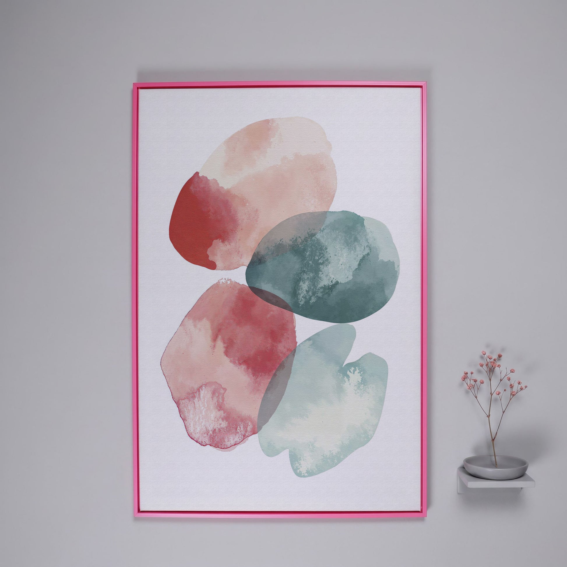 Abstract Pebble Forms Canvas Print, Portrait Wall Art in pink floating frame