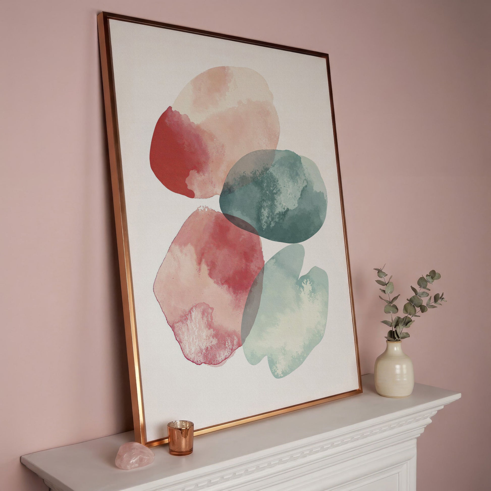 Abstract Pebble Forms Canvas Print, Portrait Wall Art in rose gold floating frame