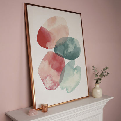 Abstract Pebble Forms Canvas Print, Portrait Wall Art in rose gold floating frame