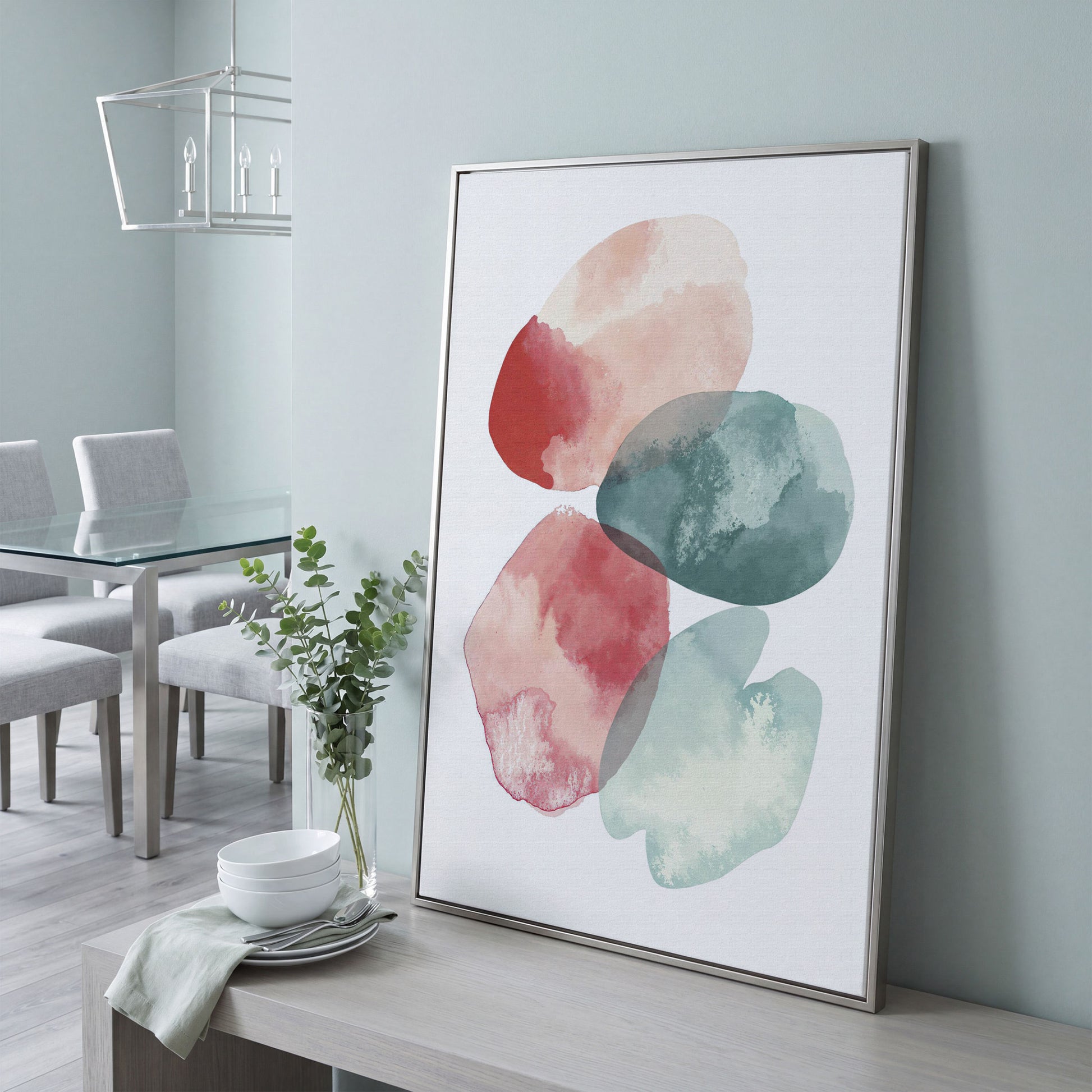 Abstract Pebble Forms Canvas Print, Portrait Wall Art in silver floating frame