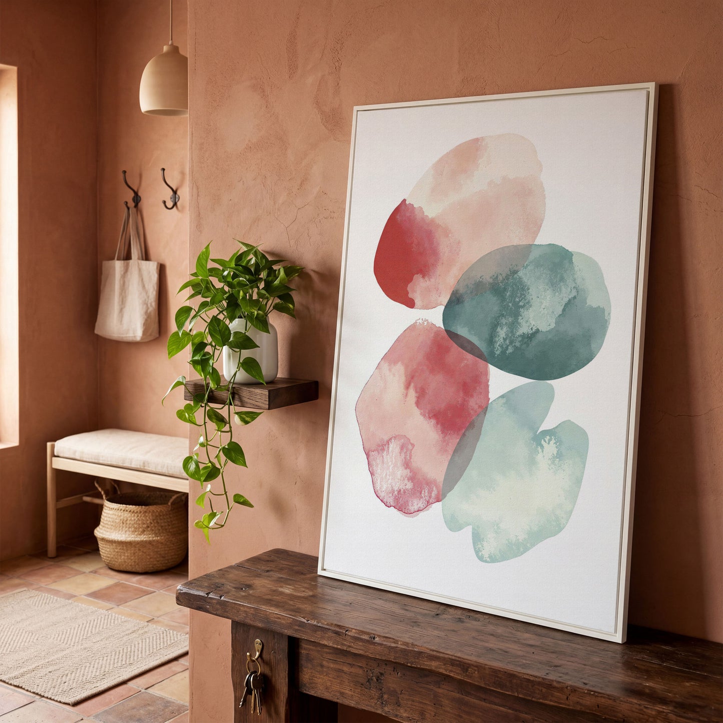 Abstract Pebble Forms Canvas Print, Portrait Wall Art in white floating frame