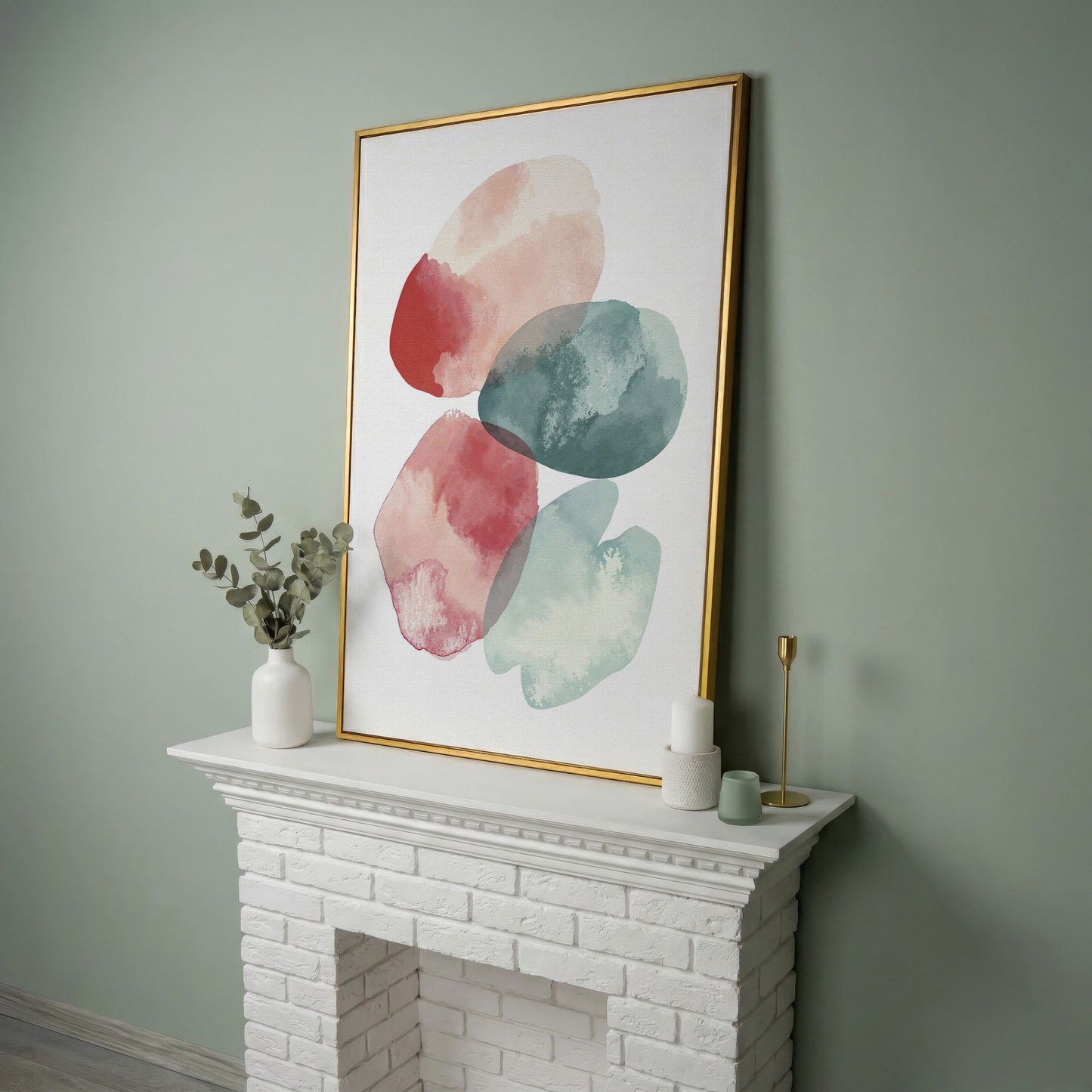 Abstract Pebble Forms Canvas Print, Portrait Wall Art in yellow gold floating frame