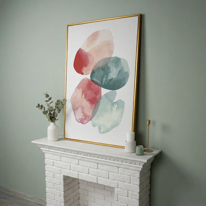 Abstract Pebble Forms Canvas Print, Portrait Wall Art in yellow gold floating frame