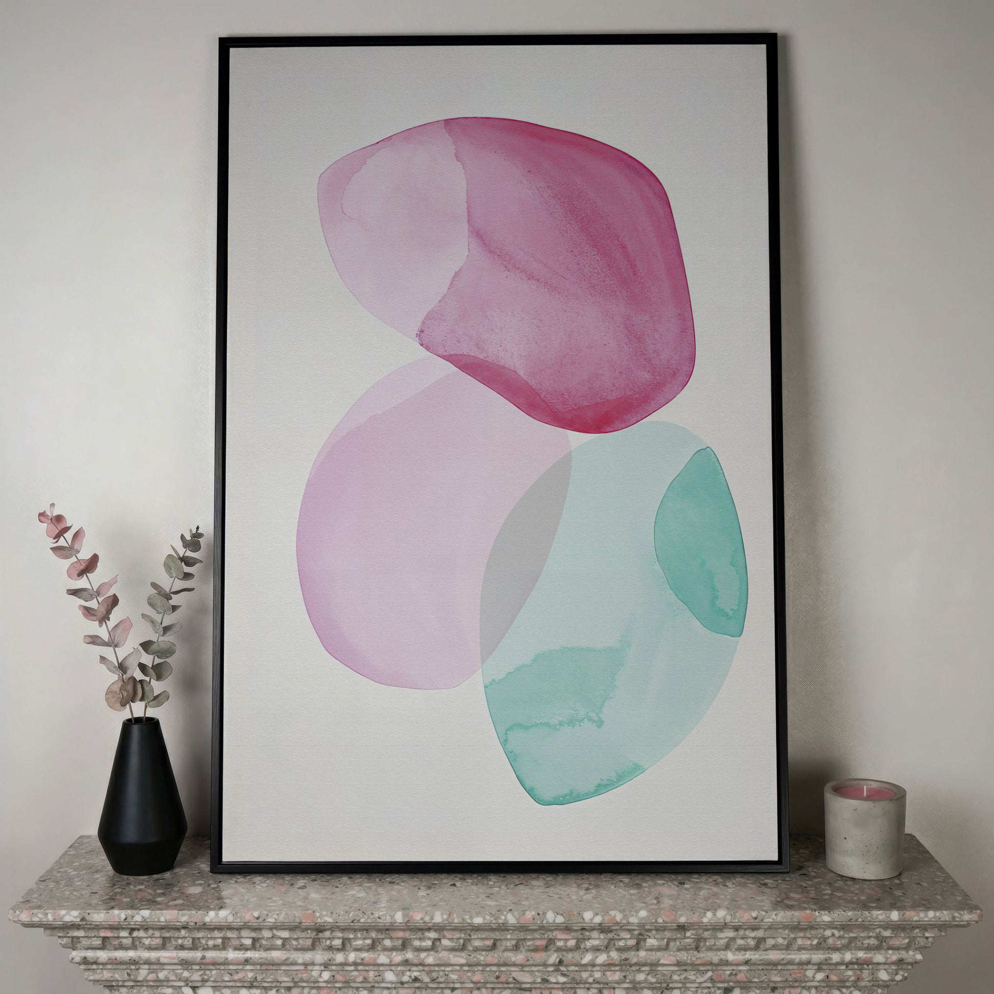 Abstract Shapes Canvas Wall Art, Portrait Print in black floating frame