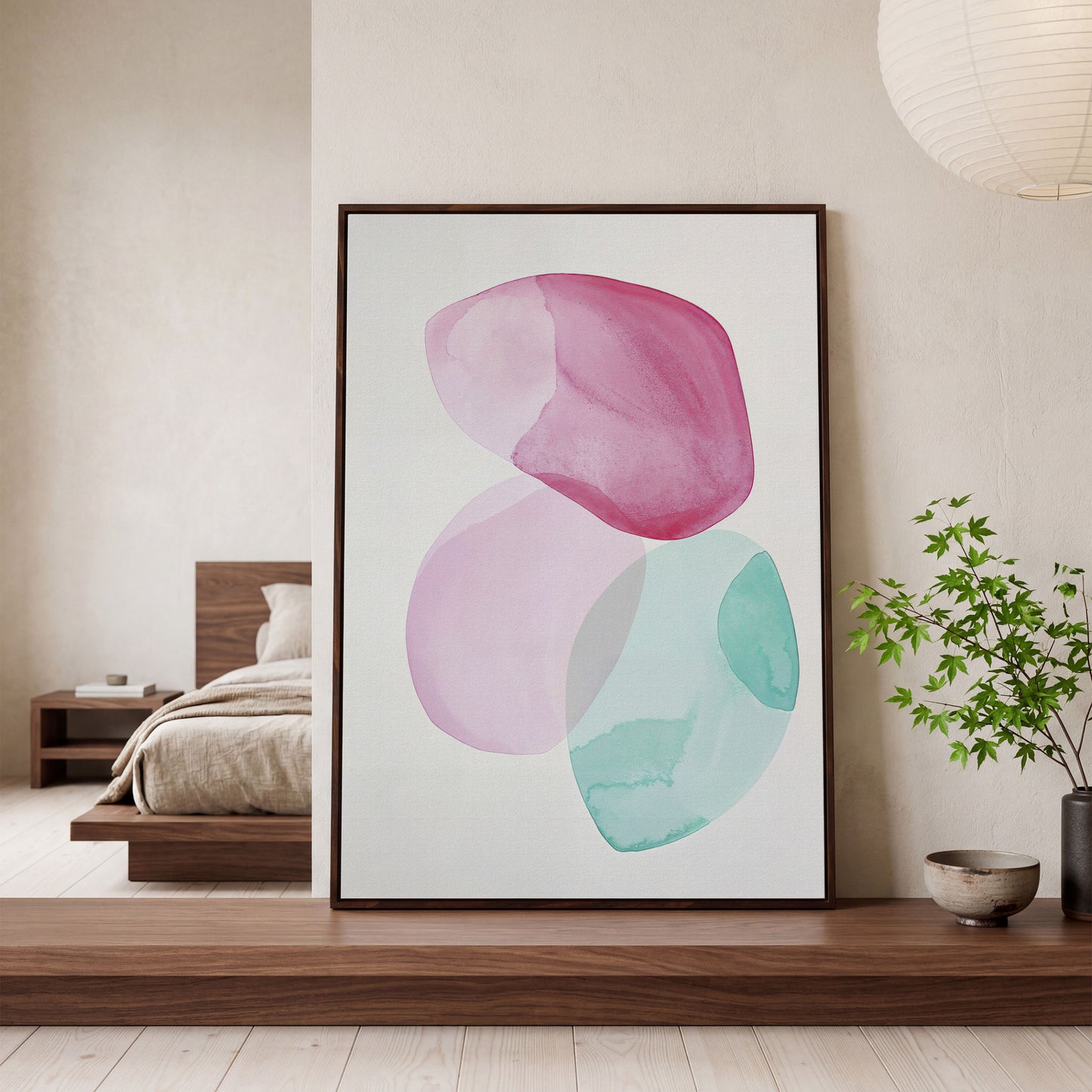 Abstract Shapes Canvas Wall Art, Portrait Print in dark walnut floating frame