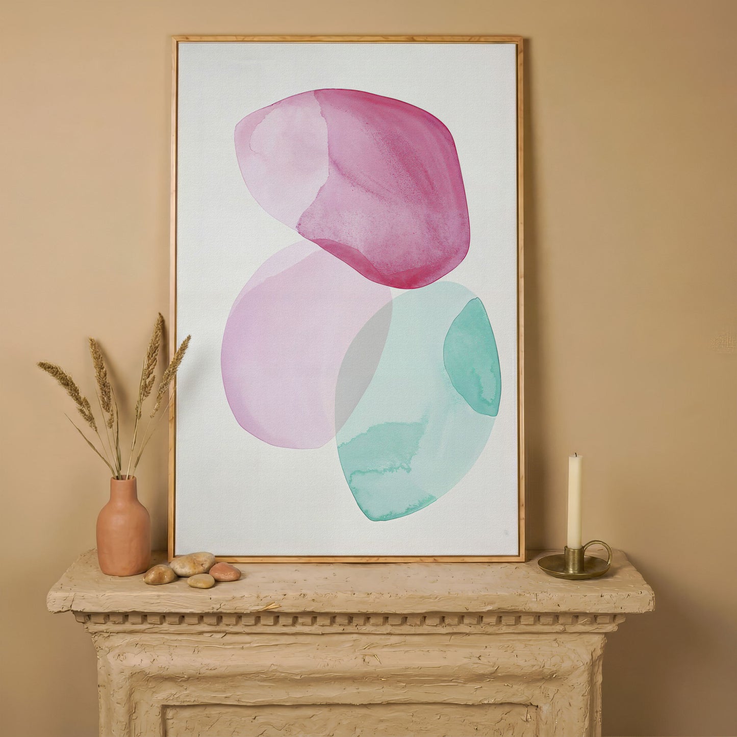 Abstract Shapes Canvas Wall Art, Portrait Print in white oak floating frame