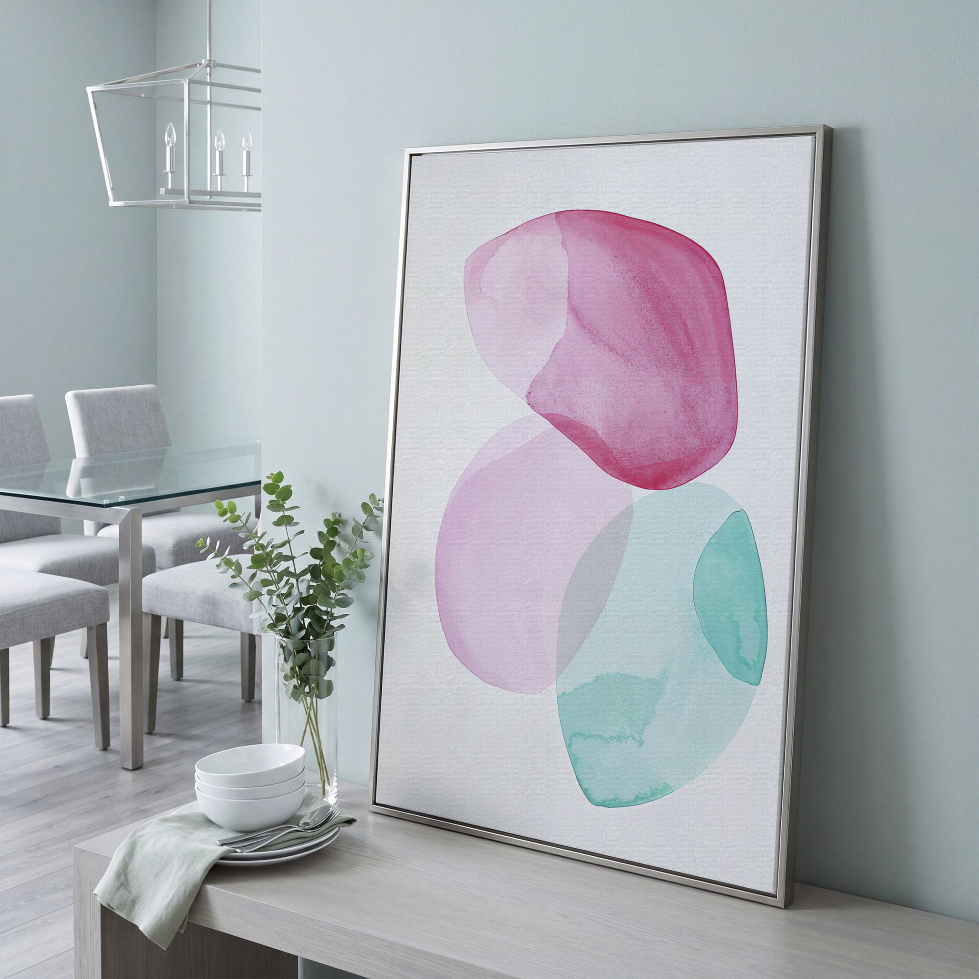 Abstract Shapes Canvas Wall Art, Portrait Print in silver floating frame