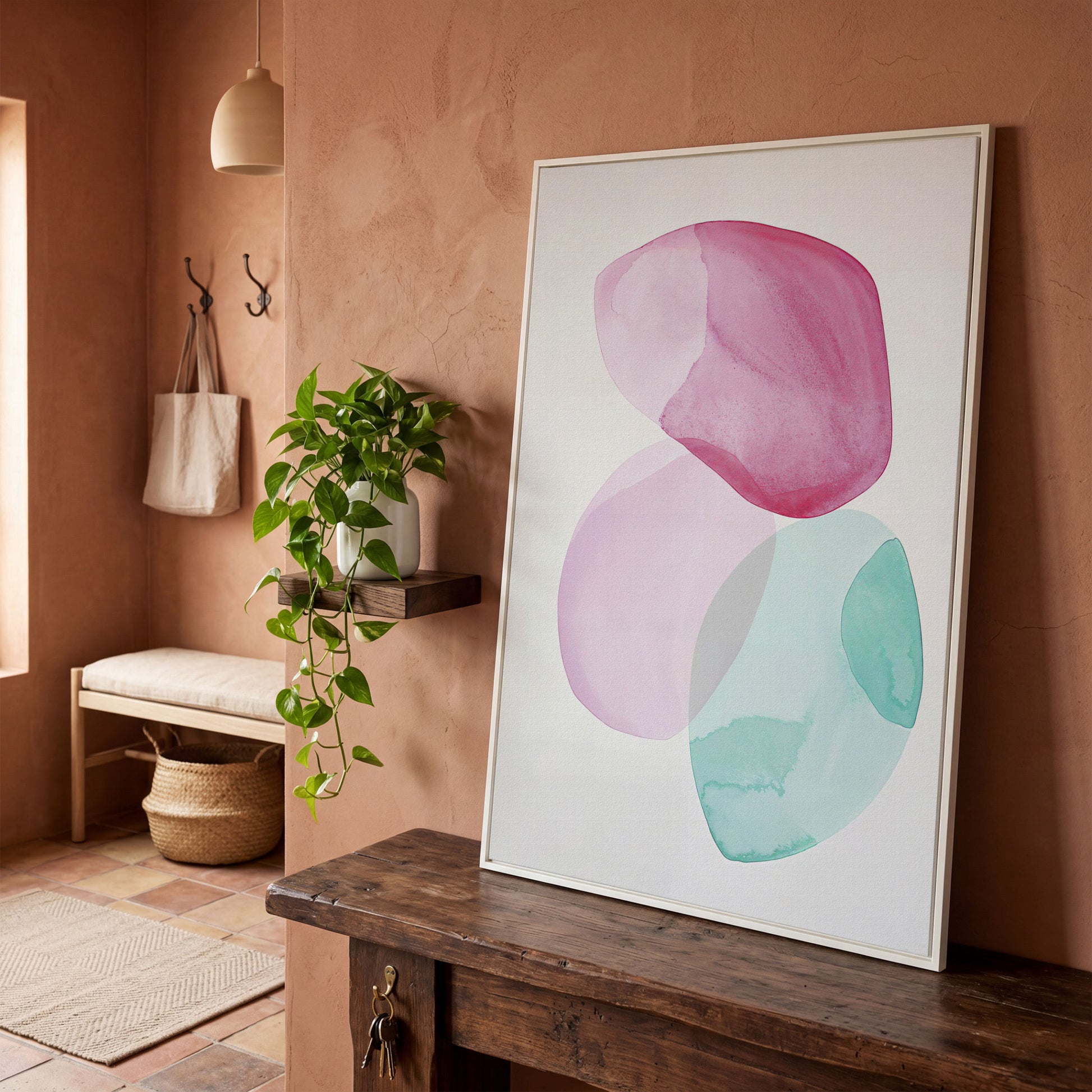 Abstract Shapes Canvas Wall Art, Portrait Print in white floating frame