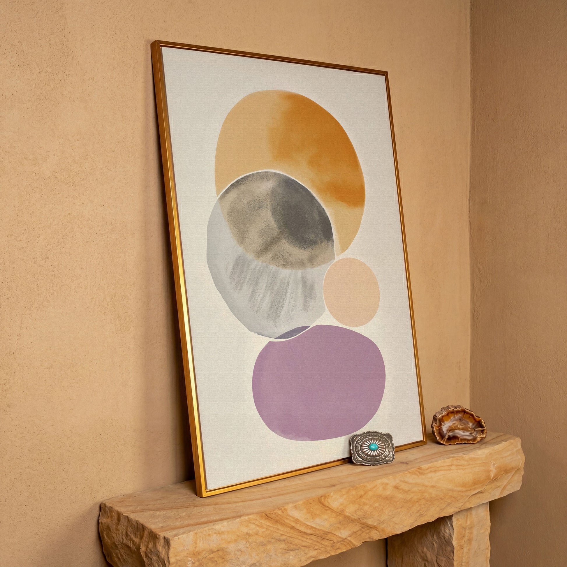 Abstract Overlapping Circles and Shapes Canvas Wall Art in antique gold floating frame