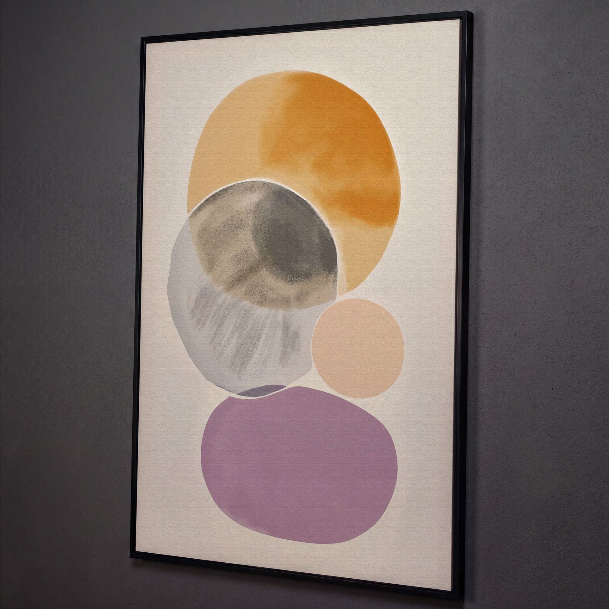 Abstract Overlapping Circles and Shapes Canvas Wall Art shown in black floating frame