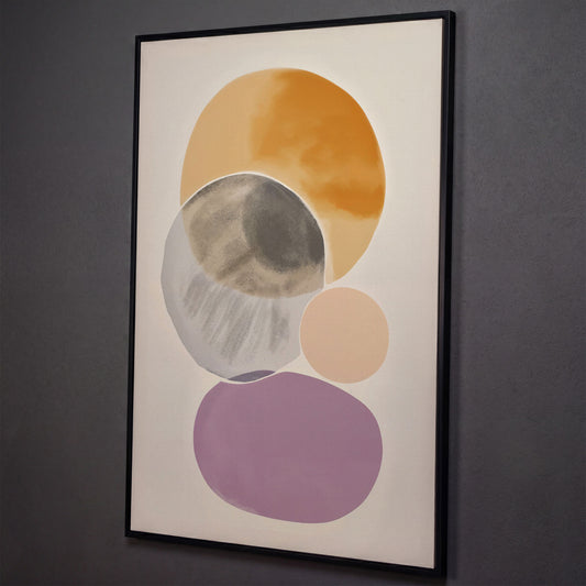 Abstract Overlapping Circles and Shapes Canvas Wall Art shown in black floating frame