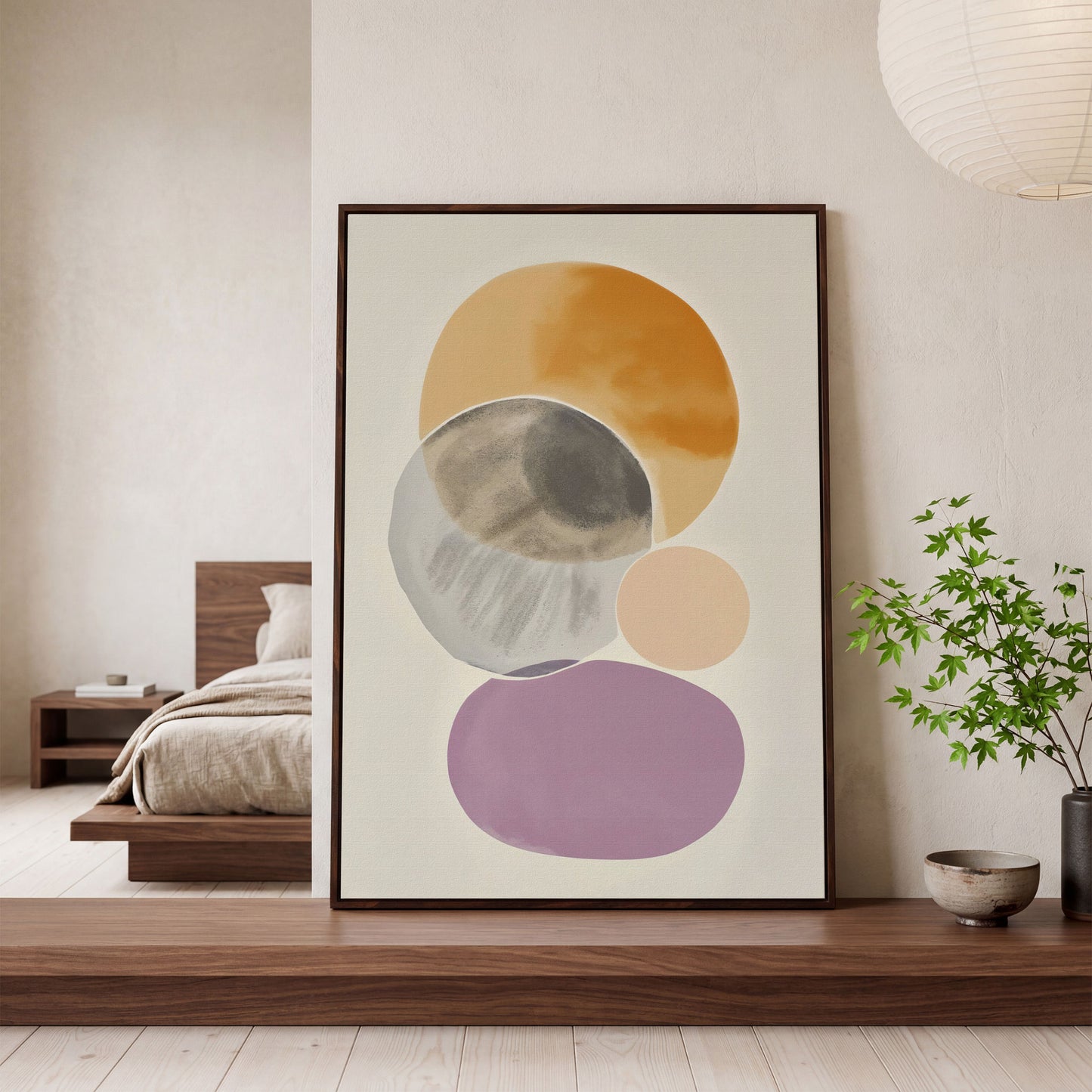 Abstract Overlapping Circles and Shapes Canvas Wall Art in dark walnut floating frame