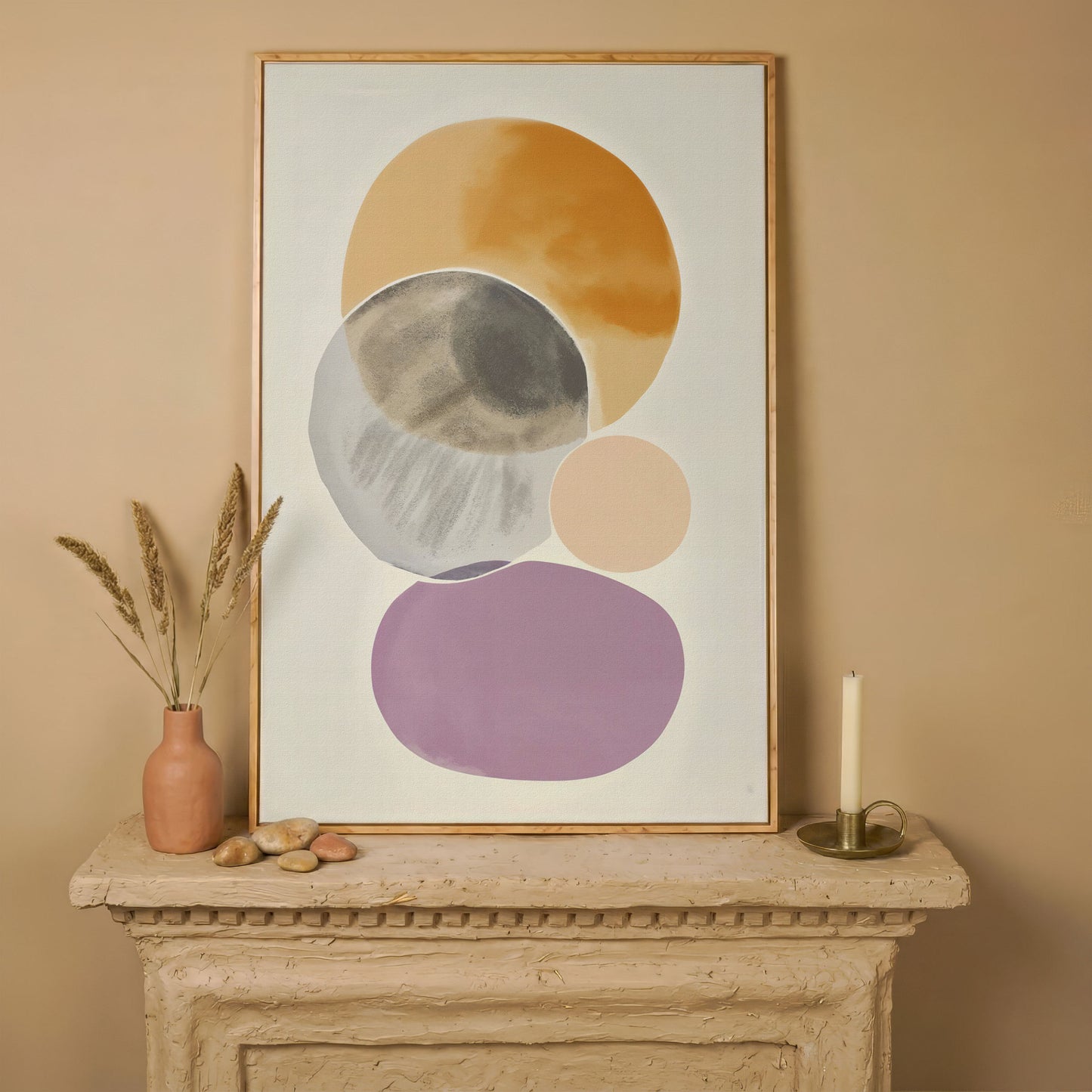 Abstract Overlapping Circles and Shapes Canvas Wall Art in white oak floating frame