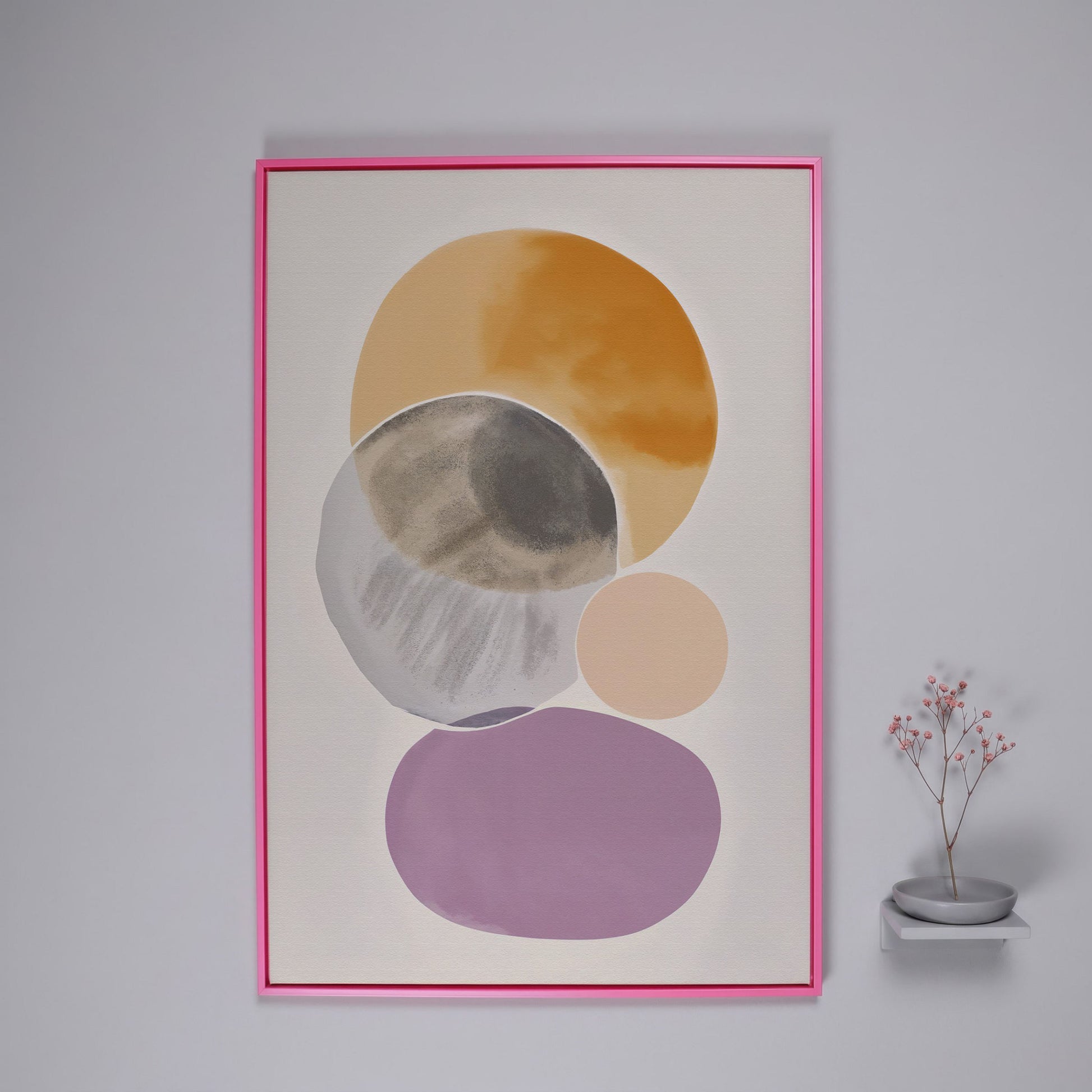 Abstract Overlapping Circles and Shapes Canvas Wall Art in pink floating frame