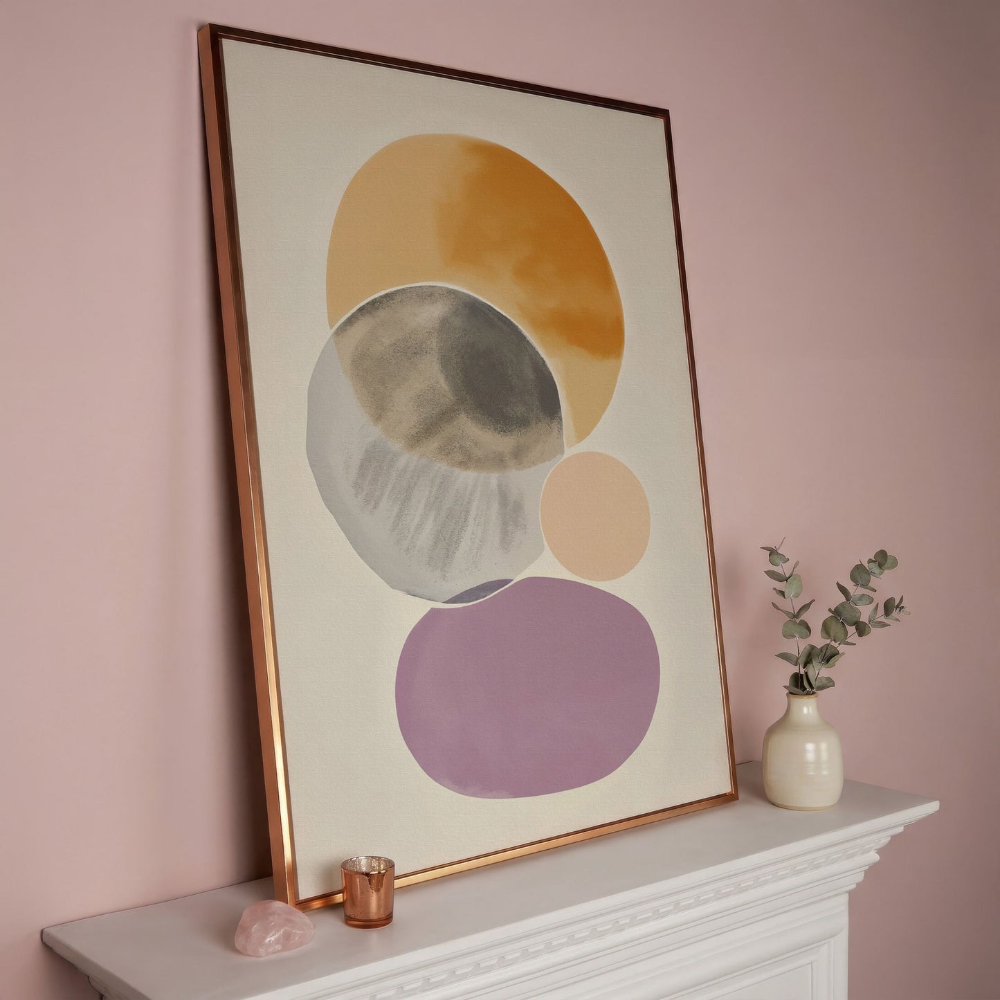 Abstract Overlapping Circles and Shapes Canvas Wall Art in rose gold floating frame