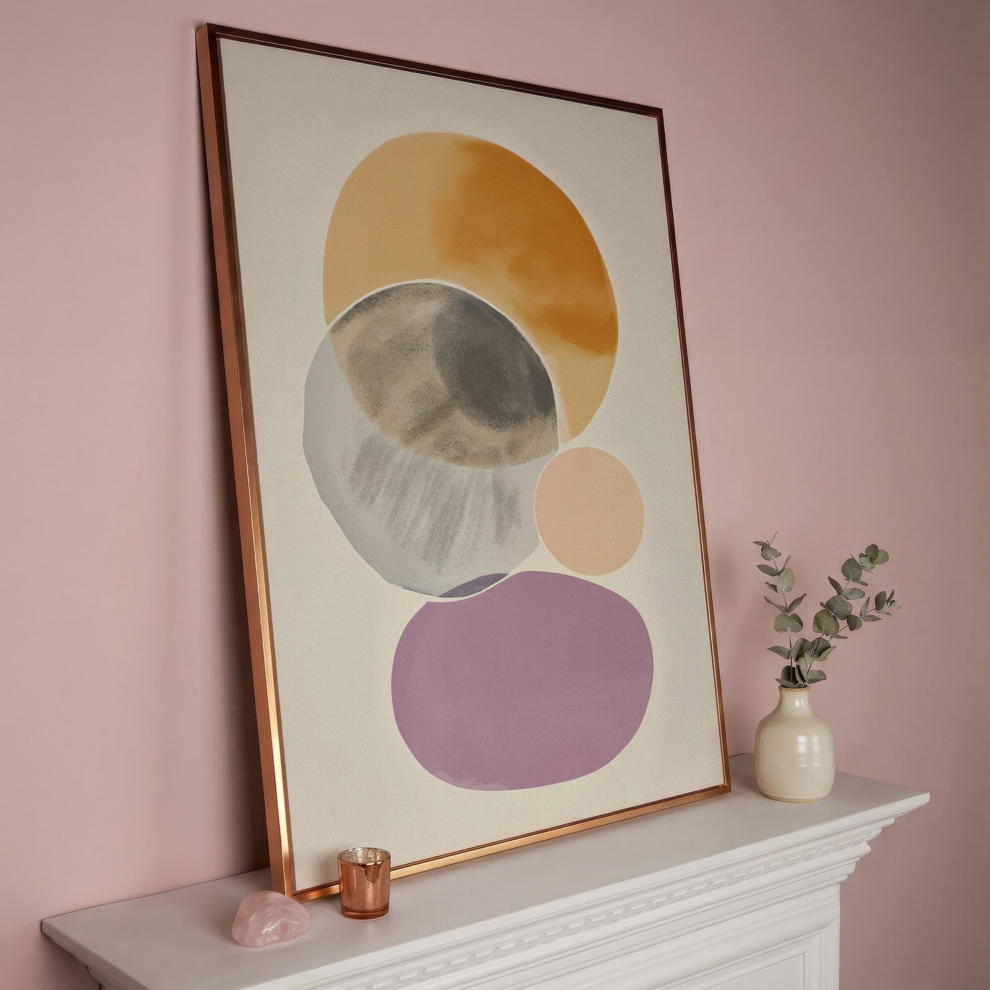 Abstract Overlapping Circles and Shapes Canvas Wall Art in rose gold floating frame