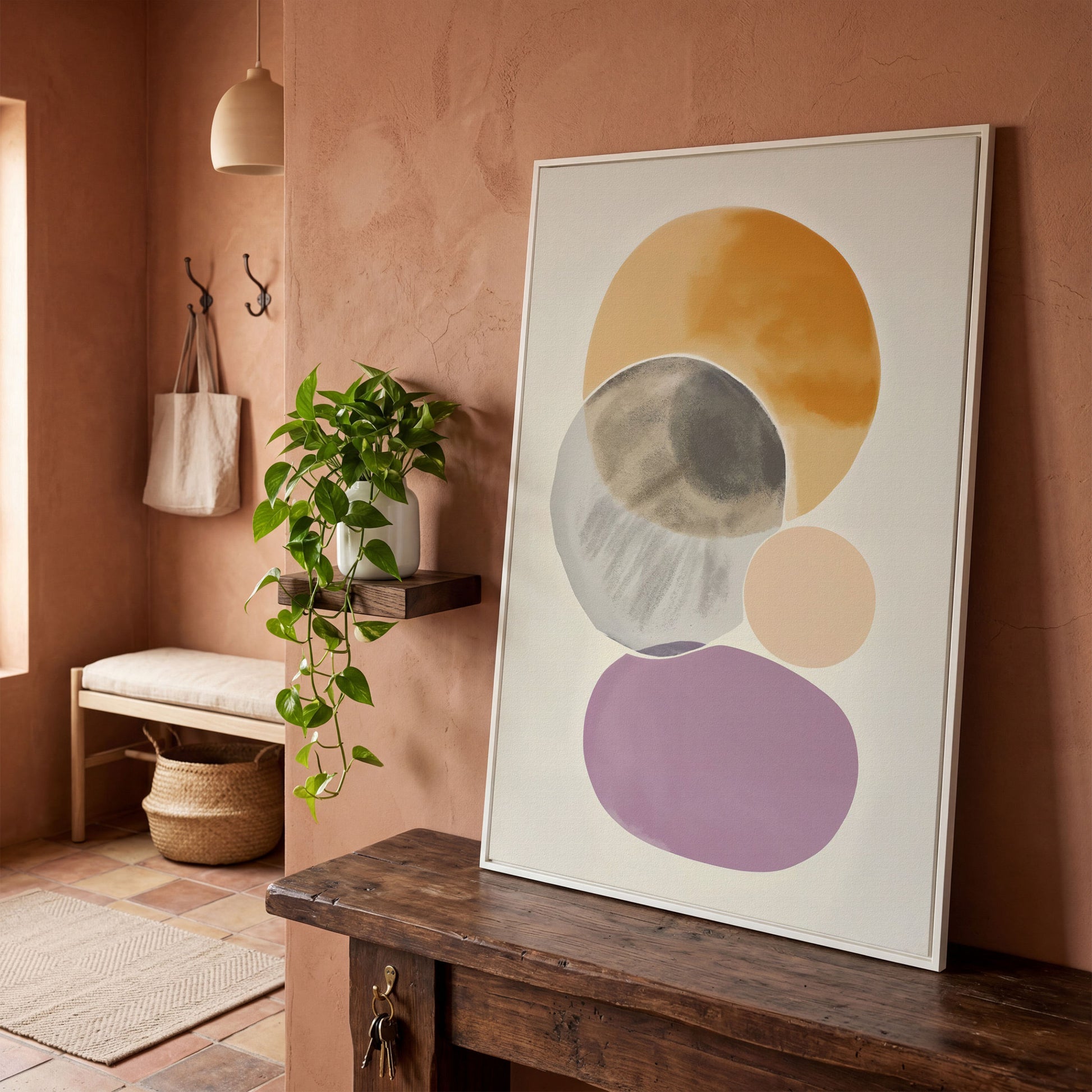 Abstract Overlapping Circles and Shapes Canvas Wall Art in white floating frame