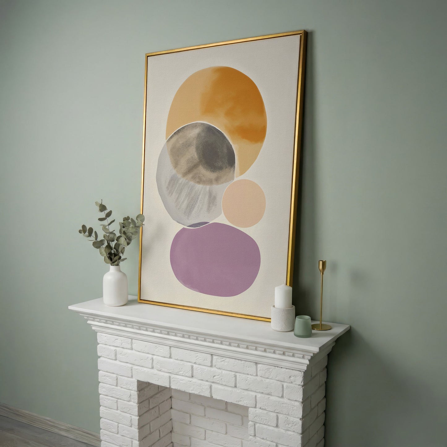 Abstract Overlapping Circles and Shapes Canvas Wall Art in yellow gold floating frame