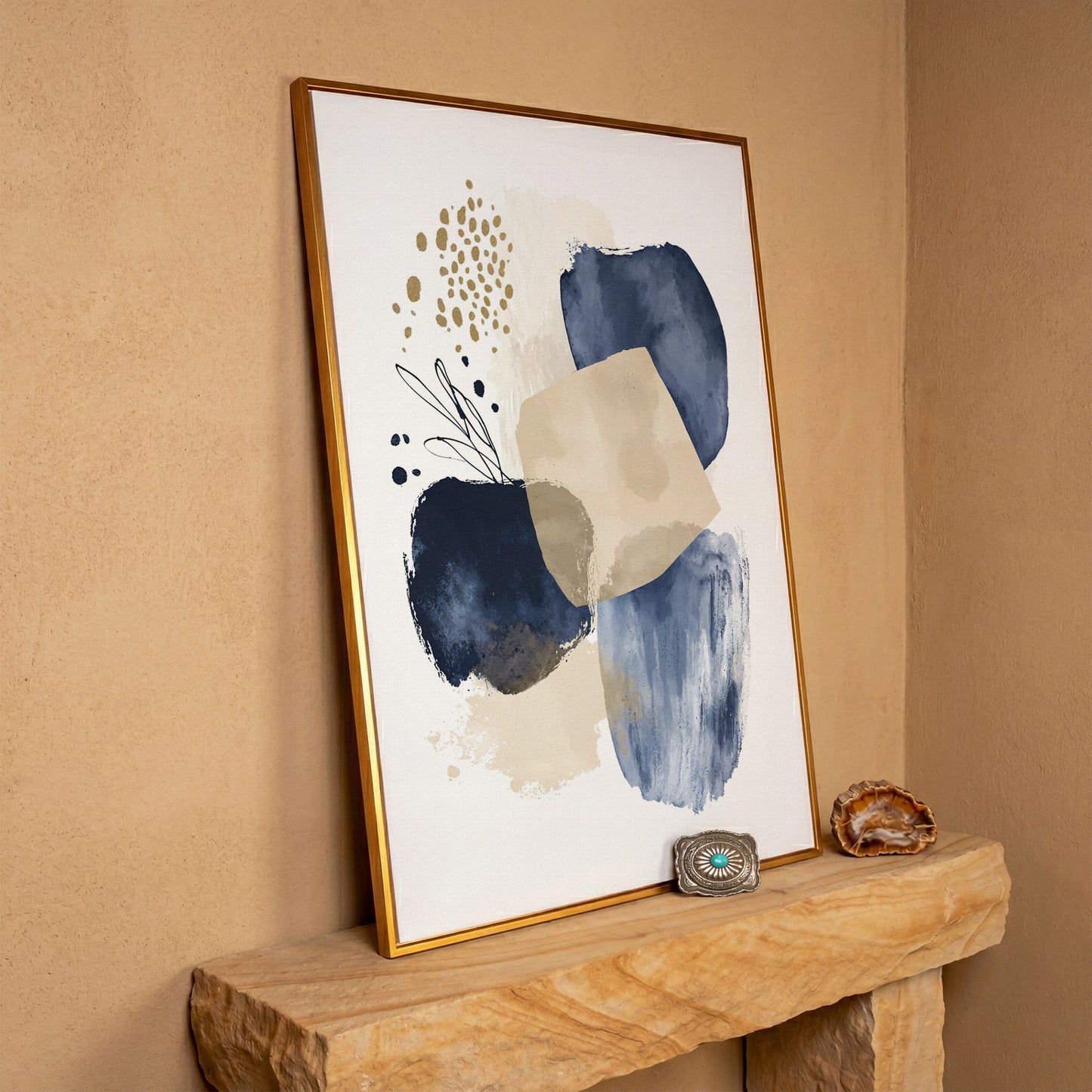 Abstract Shapes and Forms Portrait Canvas Wall Art in antique gold floating frame