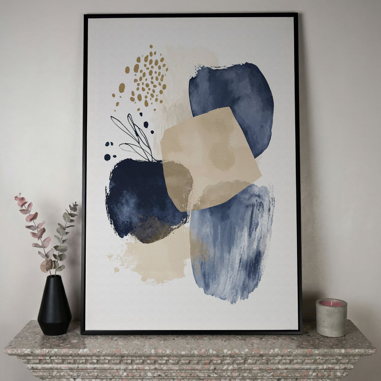 Abstract Shapes and Forms Portrait Canvas Wall Art in black floating frame