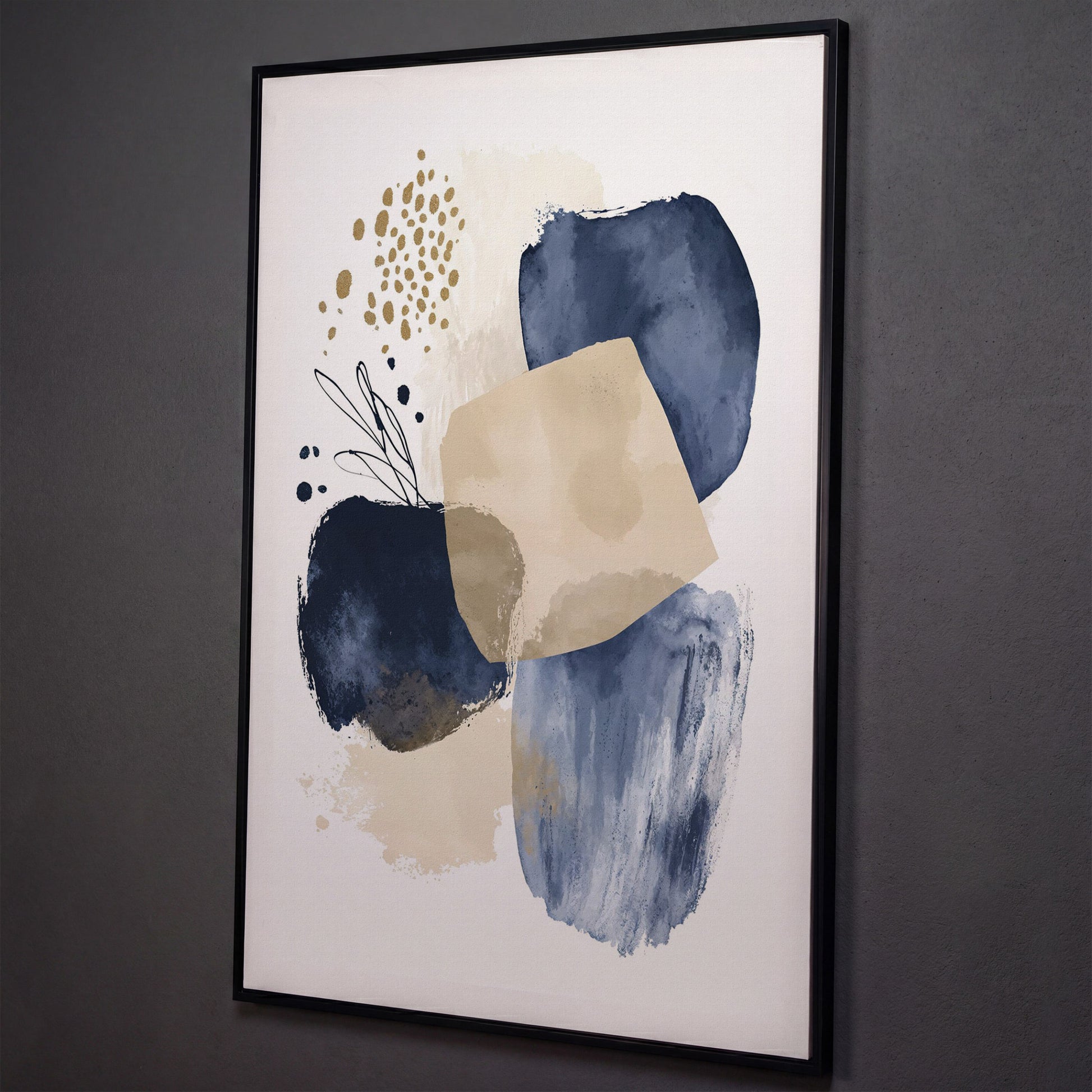 Abstract Shapes and Forms Portrait Canvas Wall Art shown in black floating frame