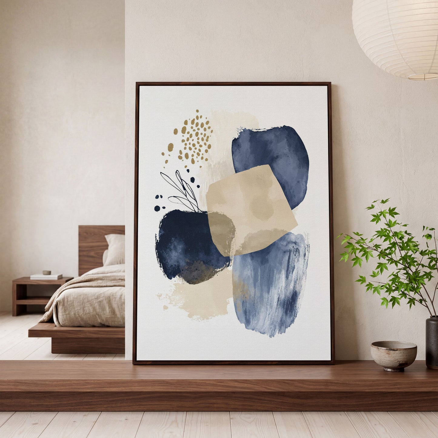 Abstract Shapes and Forms Portrait Canvas Wall Art in dark walnut floating frame