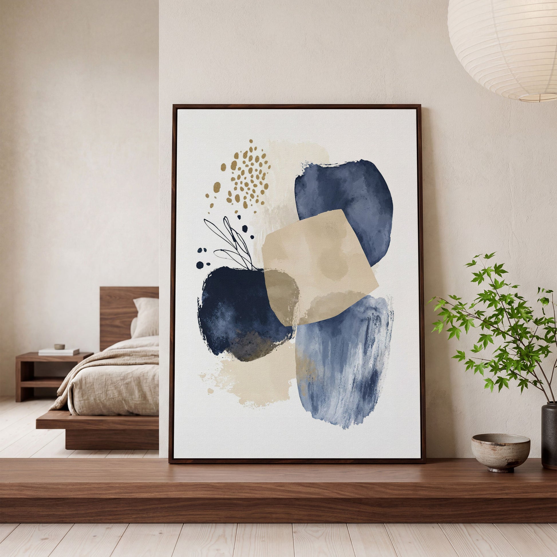 Abstract Shapes and Forms Portrait Canvas Wall Art in dark walnut floating frame