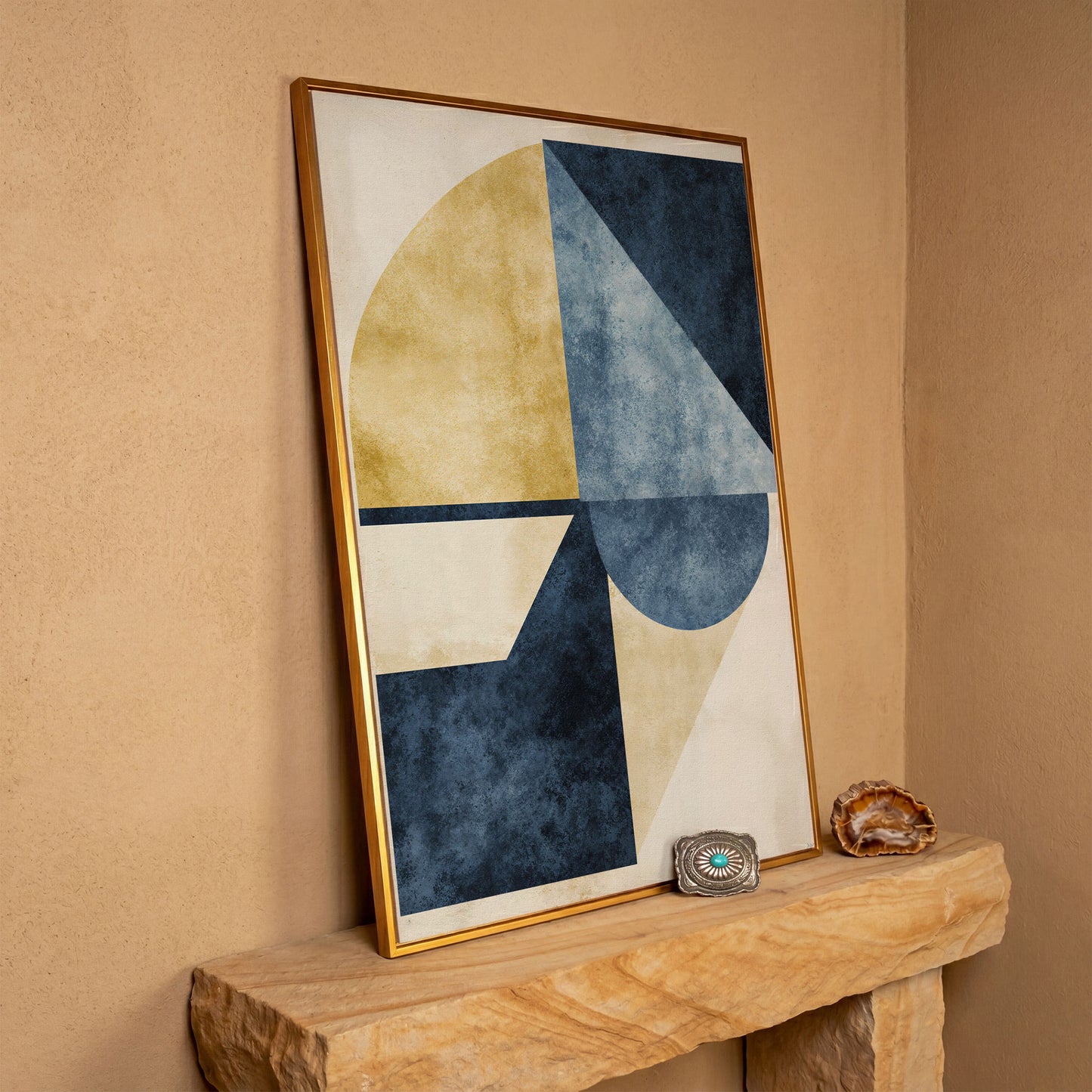 Abstract Geometry Canvas Art: Circles, Triangles and Rectangles in antique gold floating frame