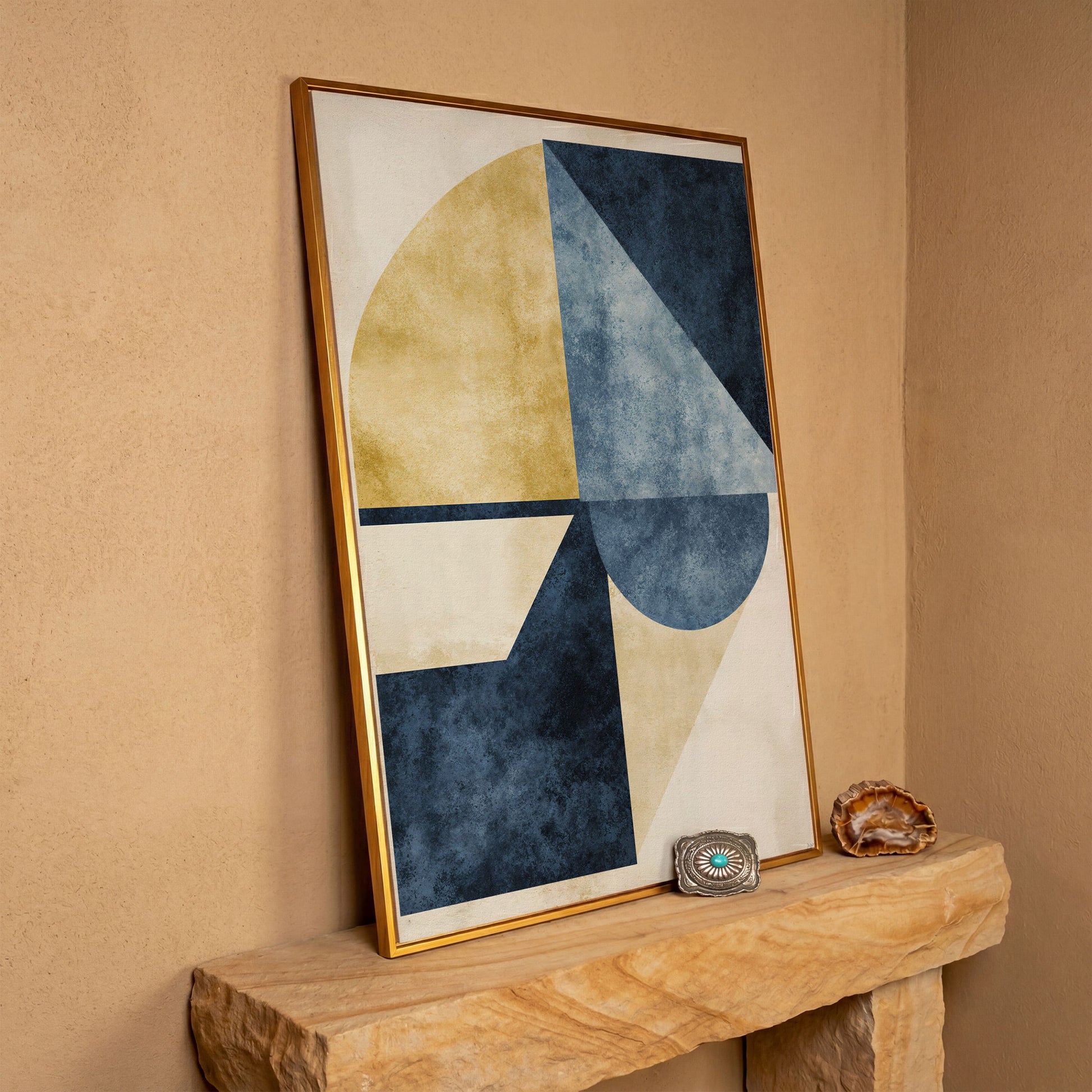 Abstract Geometry Canvas Art: Circles, Triangles and Rectangles in antique gold floating frame