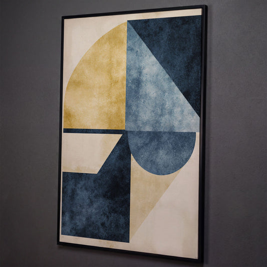 Abstract Geometry Canvas Art: Circles, Triangles and Rectangles shown in black floating frame