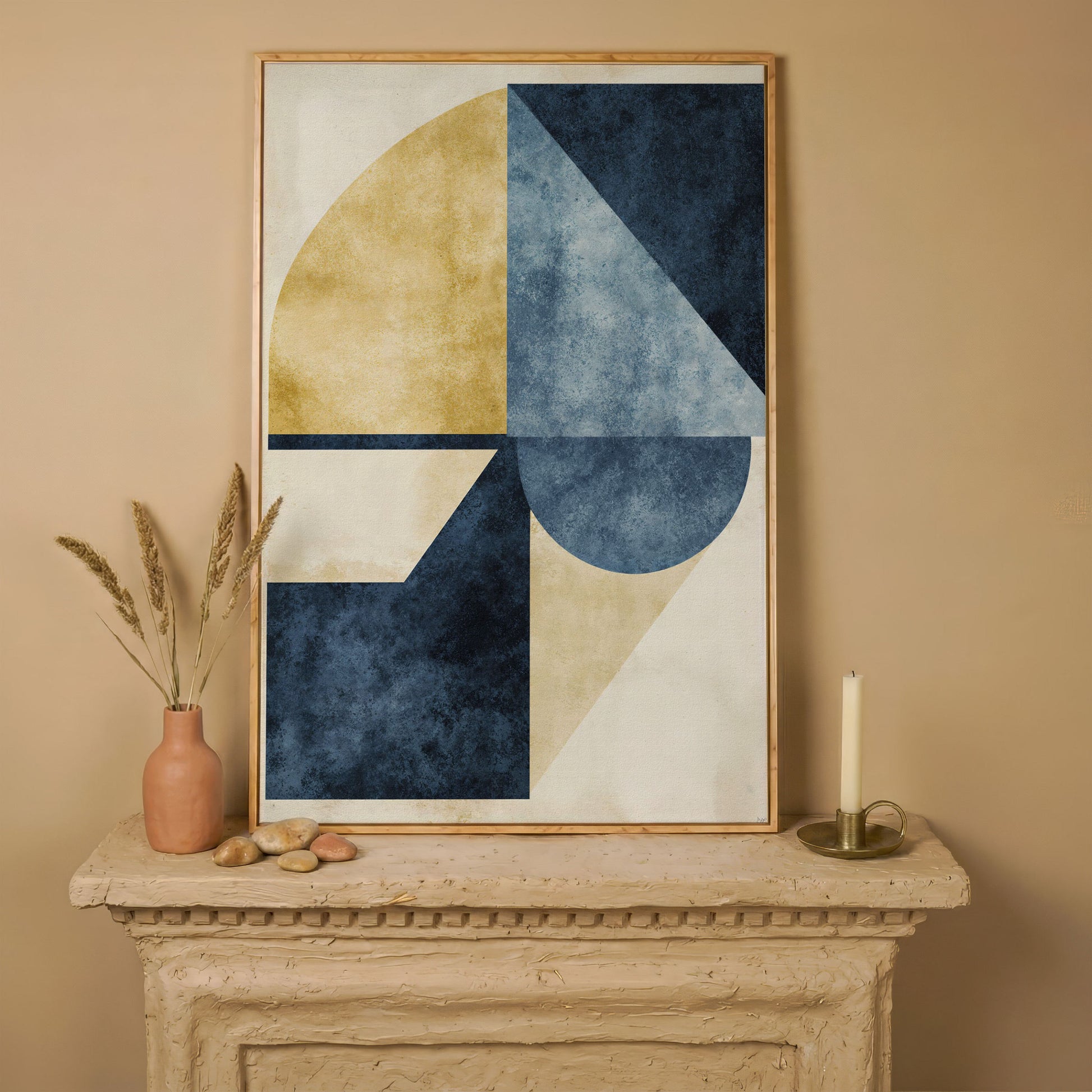 Abstract Geometry Canvas Art: Circles, Triangles and Rectangles in white oak floating frame