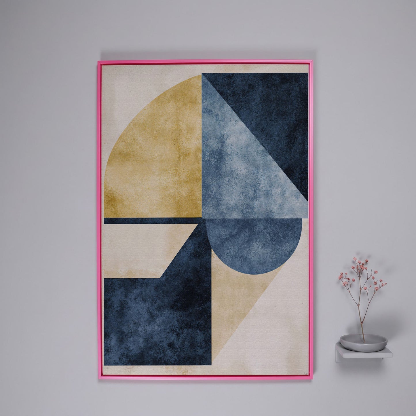Abstract Geometry Canvas Art: Circles, Triangles and Rectangles in pink floating frame