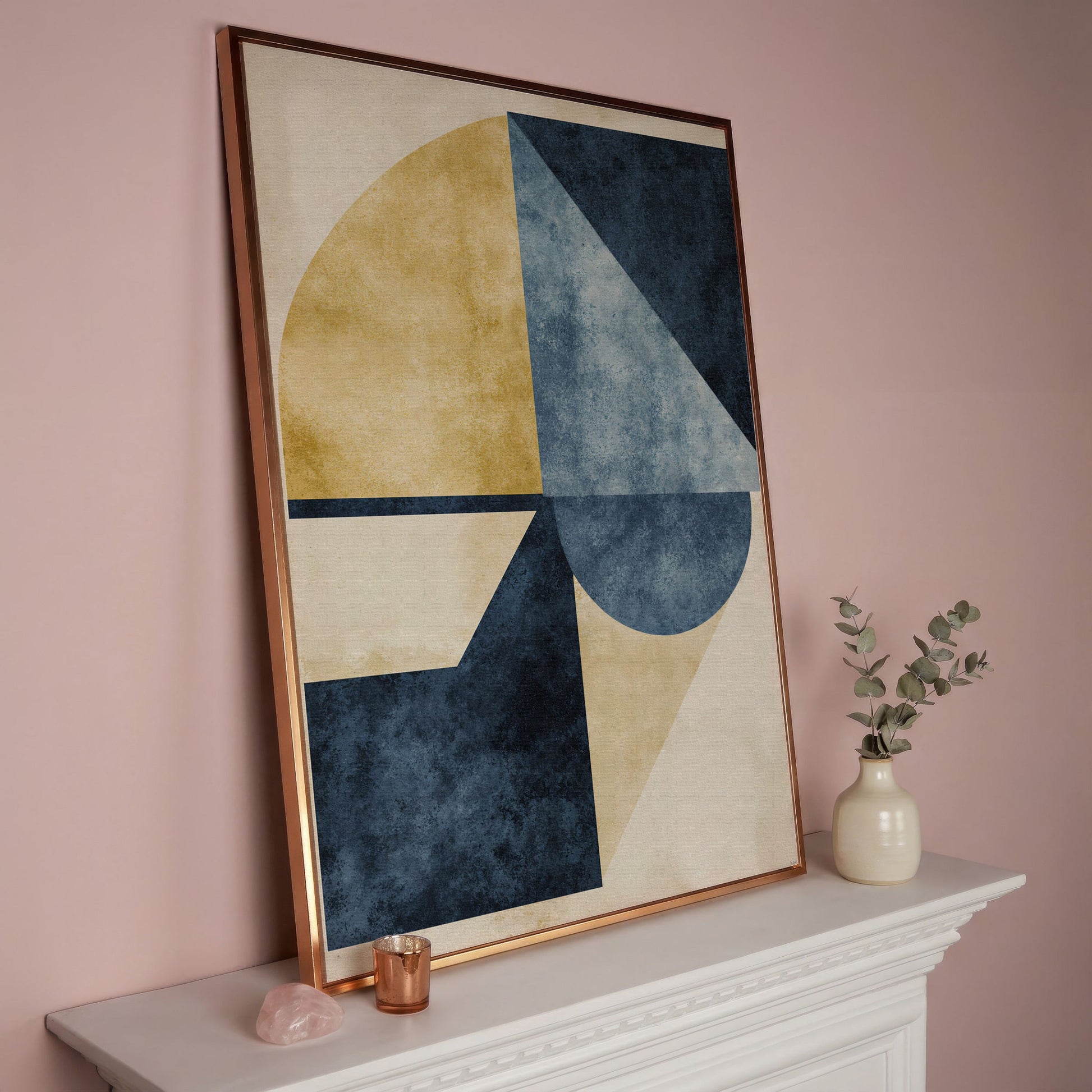Abstract Geometry Canvas Art: Circles, Triangles and Rectangles in rose gold floating frame