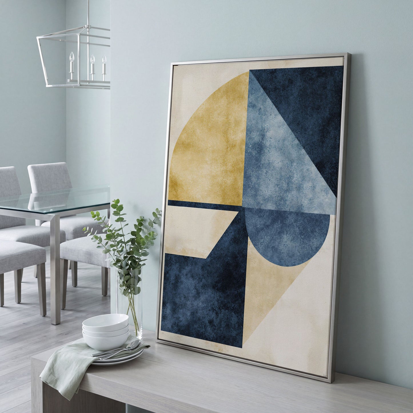 Abstract Geometry Canvas Art: Circles, Triangles and Rectangles in silver floating frame