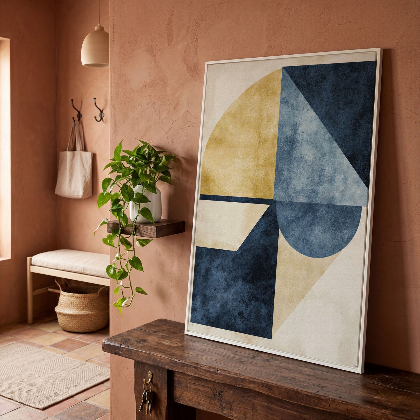 Abstract Geometry Canvas Art: Circles, Triangles and Rectangles in white floating frame