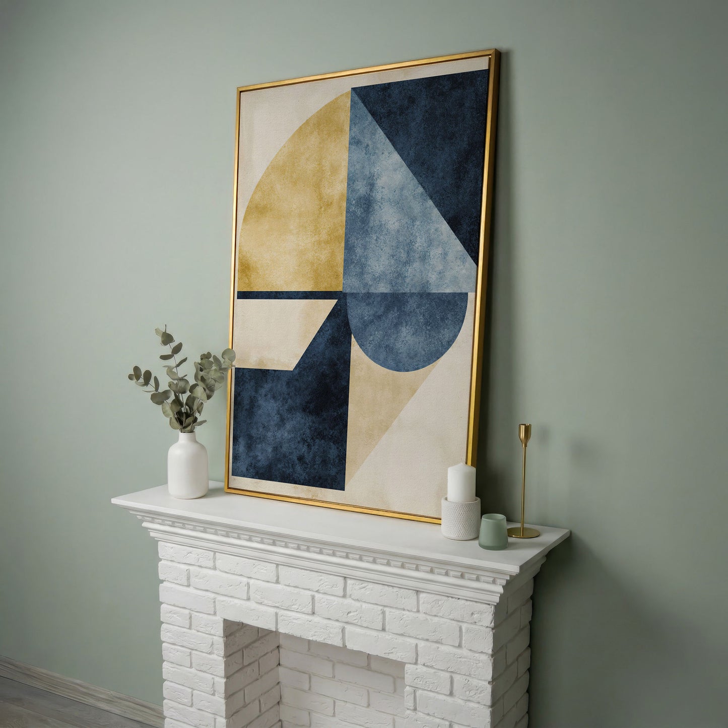 Abstract Geometry Canvas Art: Circles, Triangles and Rectangles in yellow gold floating frame