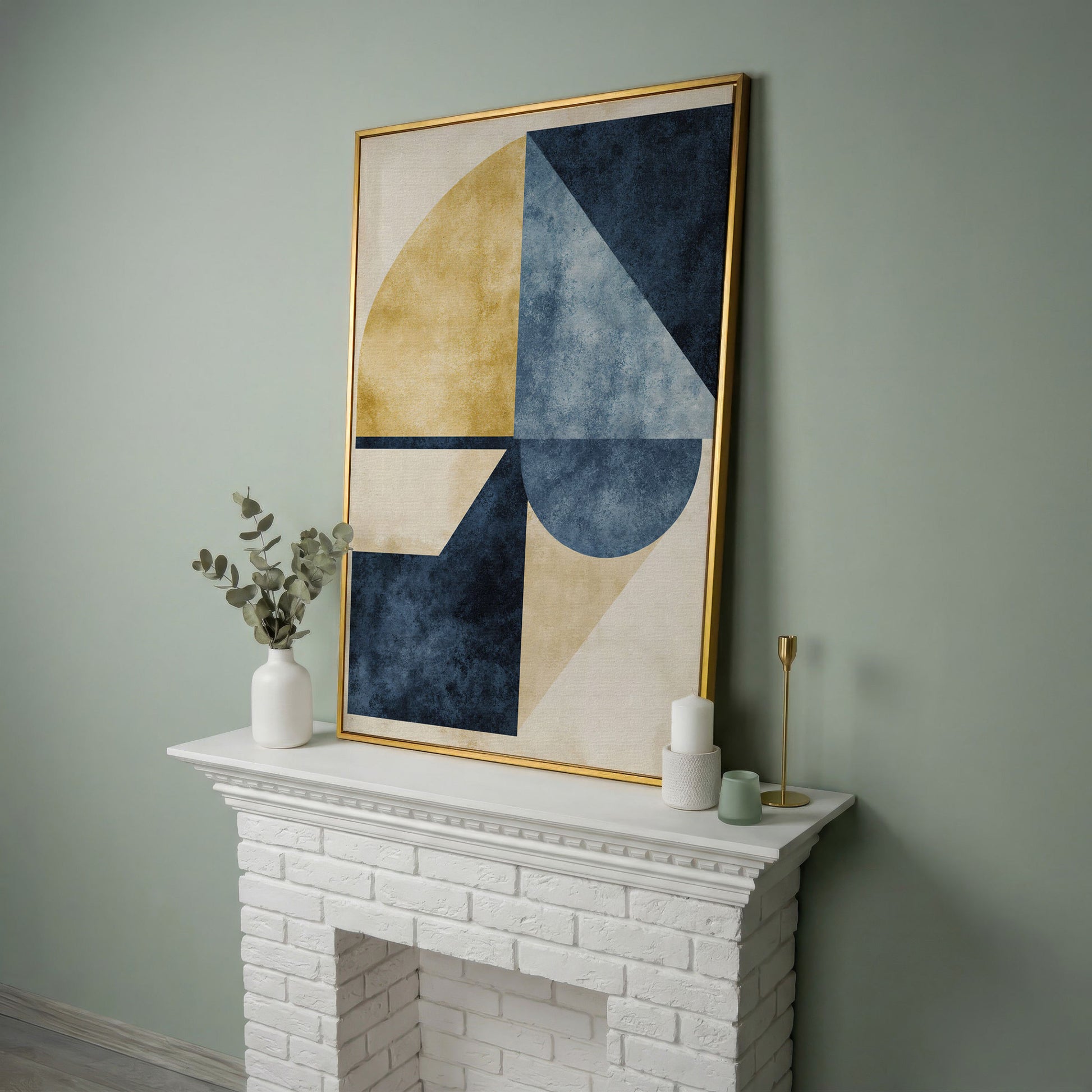 Abstract Geometry Canvas Art: Circles, Triangles and Rectangles in yellow gold floating frame
