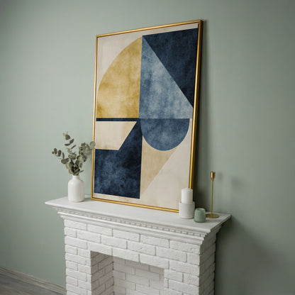 Abstract Geometry Canvas Art: Circles, Triangles and Rectangles in yellow gold floating frame