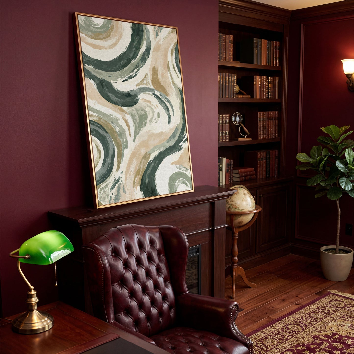 Abstract Swirling Brushstroke Canvas Art, Portrait Wall Print in antique gold floating frame