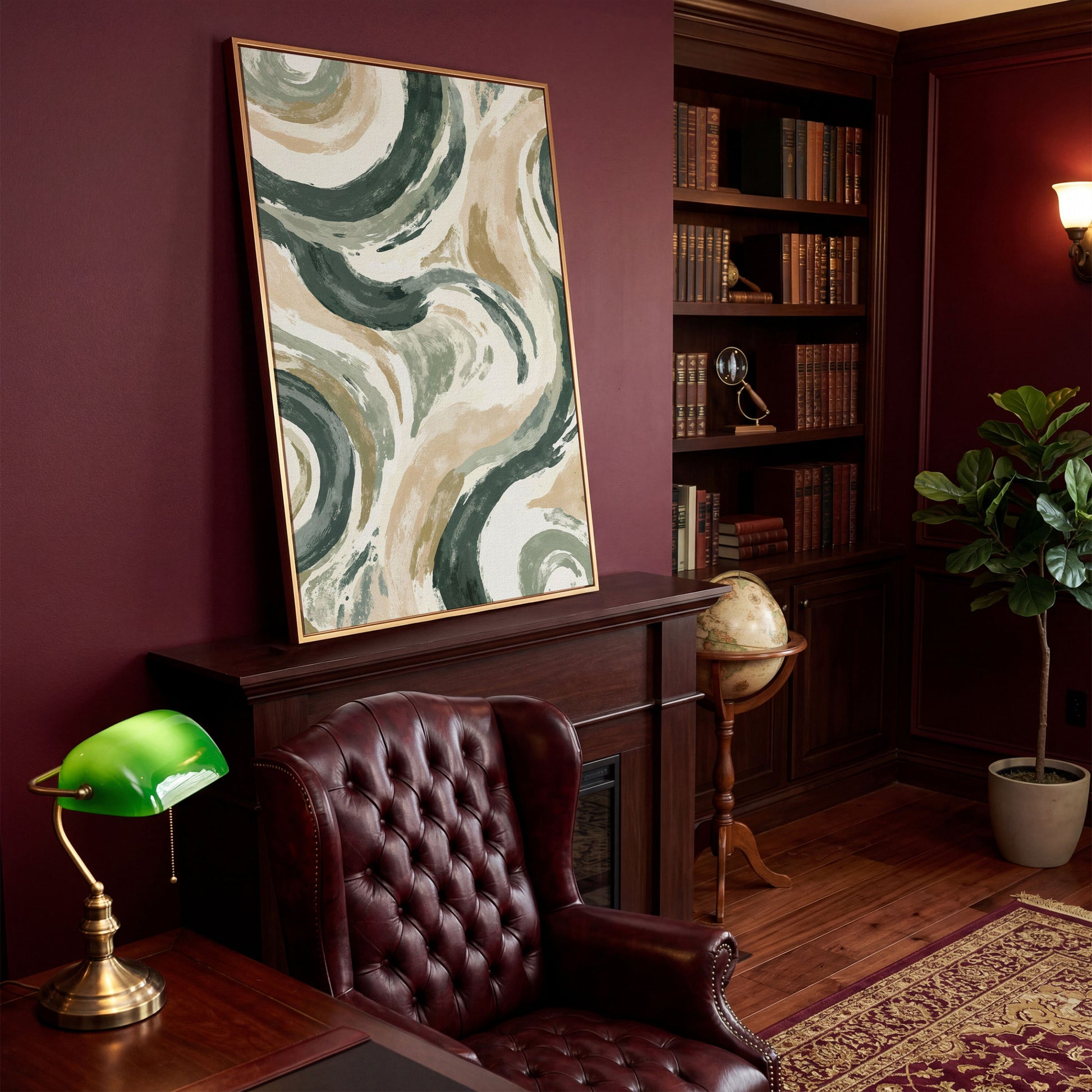 Abstract Swirling Brushstroke Canvas Art, Portrait Wall Print in antique gold floating frame