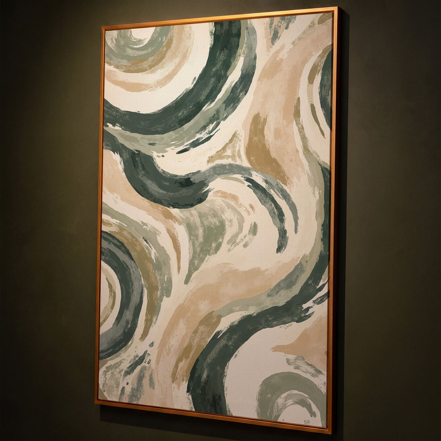 Abstract Swirling Brushstroke Canvas Art, Portrait Wall Print shown in antique gold floating frame
