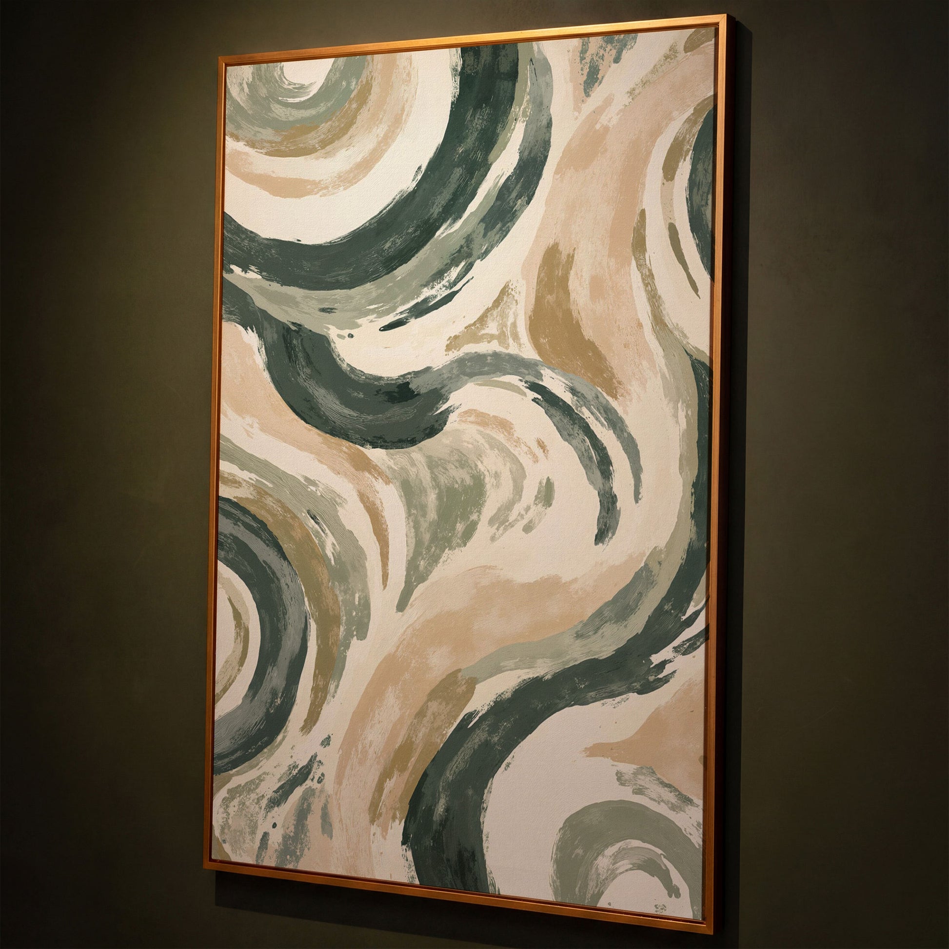 Abstract Swirling Brushstroke Canvas Art, Portrait Wall Print shown in antique gold floating frame