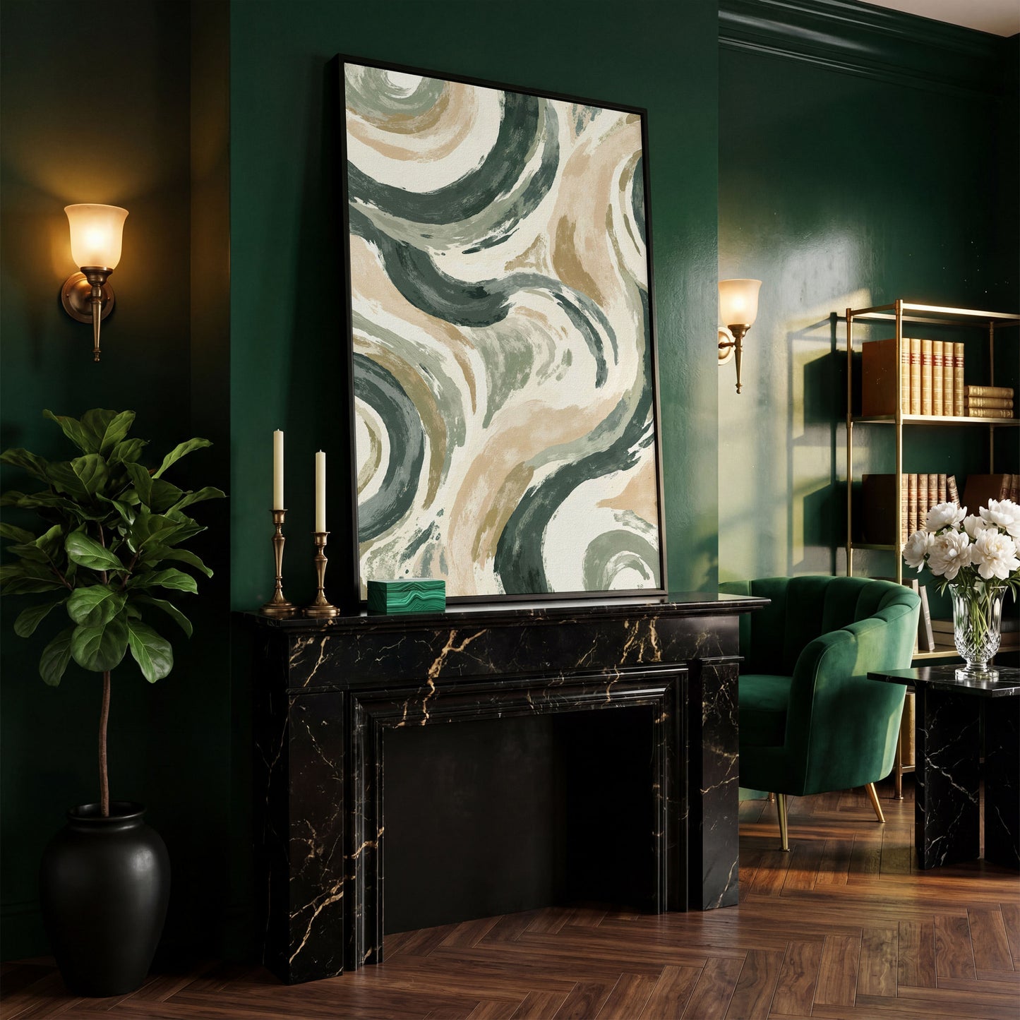 Abstract Swirling Brushstroke Canvas Art, Portrait Wall Print in black floating frame