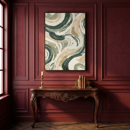 Abstract Swirling Brushstroke Canvas Art, Portrait Wall Print in dark walnut floating frame