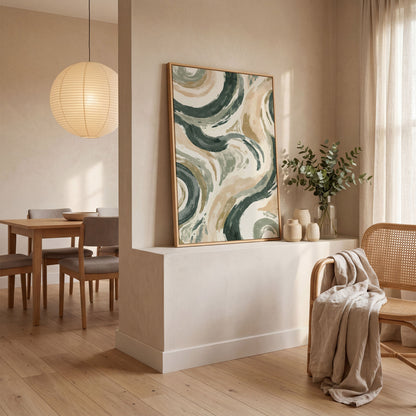 Abstract Swirling Brushstroke Canvas Art, Portrait Wall Print in white oak floating frame