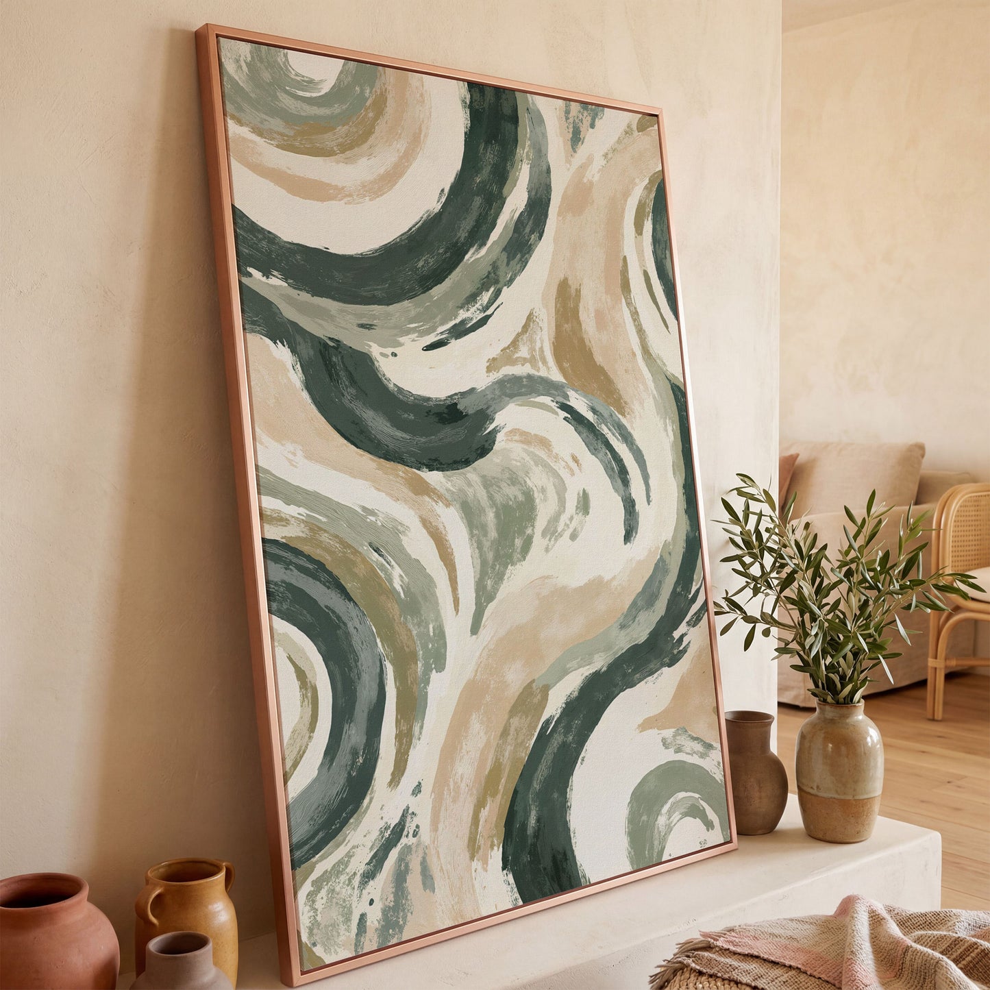 Abstract Swirling Brushstroke Canvas Art, Portrait Wall Print in rose gold floating frame