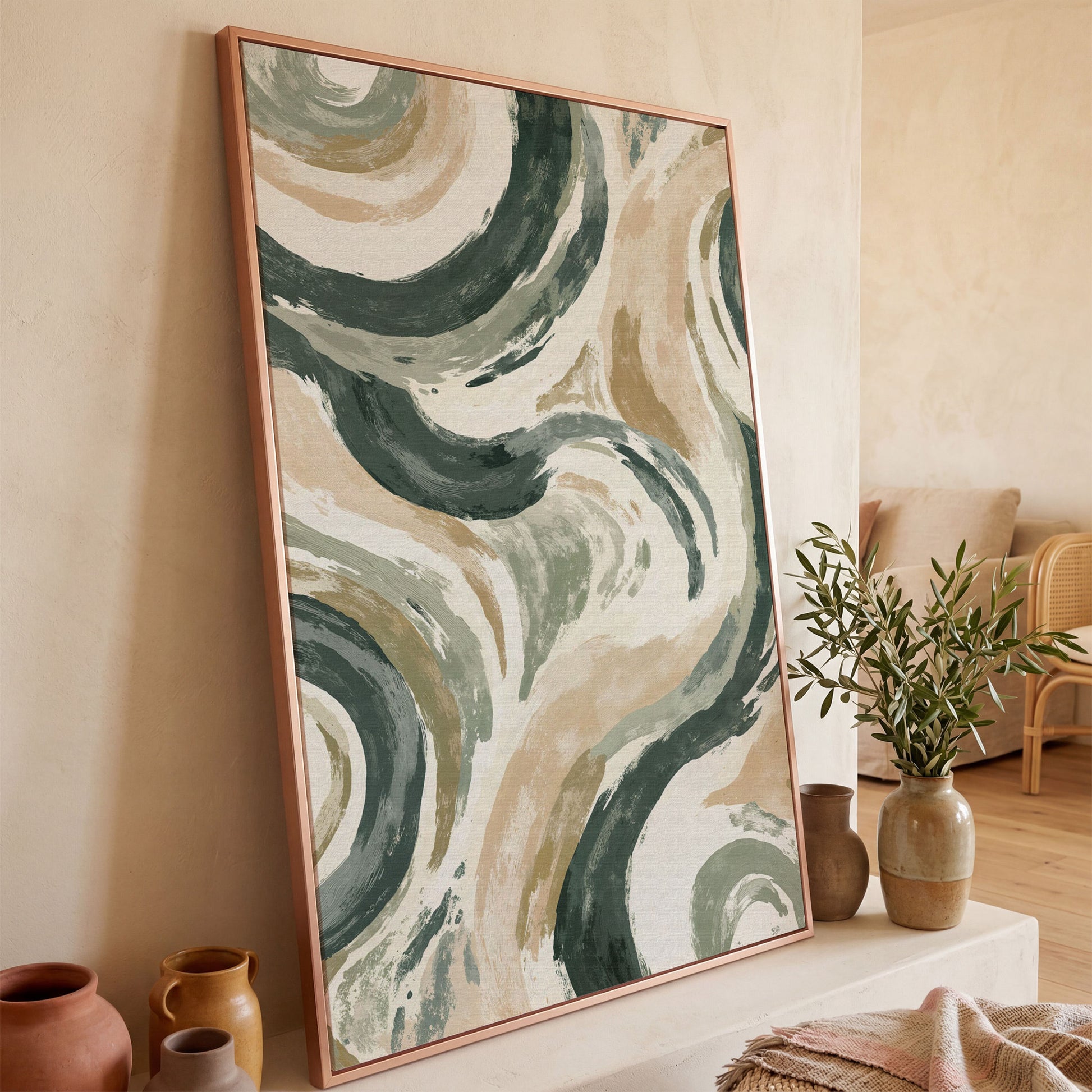 Abstract Swirling Brushstroke Canvas Art, Portrait Wall Print in rose gold floating frame