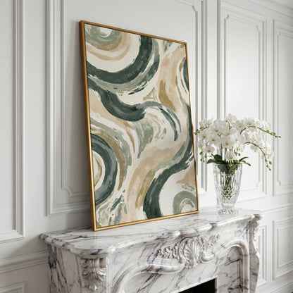 Abstract Swirling Brushstroke Canvas Art, Portrait Wall Print in yellow gold floating frame