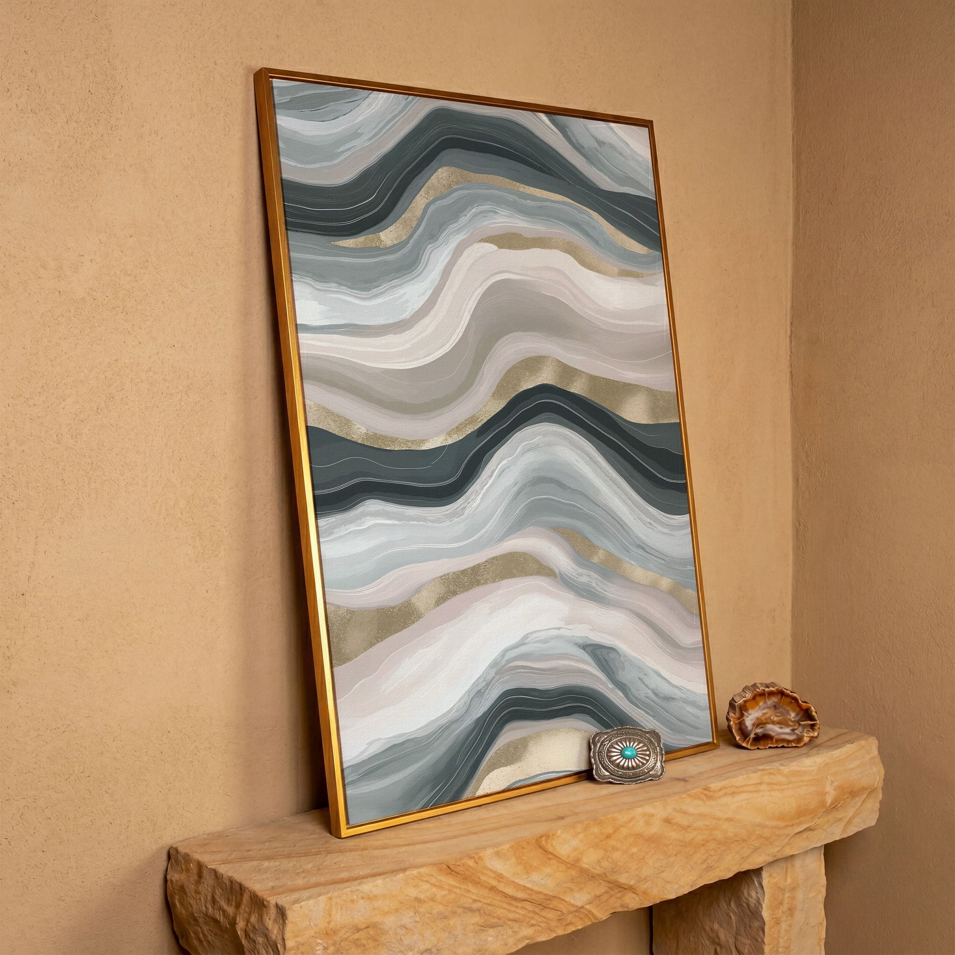 Abstract Wavy Lines Canvas Wall Art, Portrait Print in antique gold floating frame