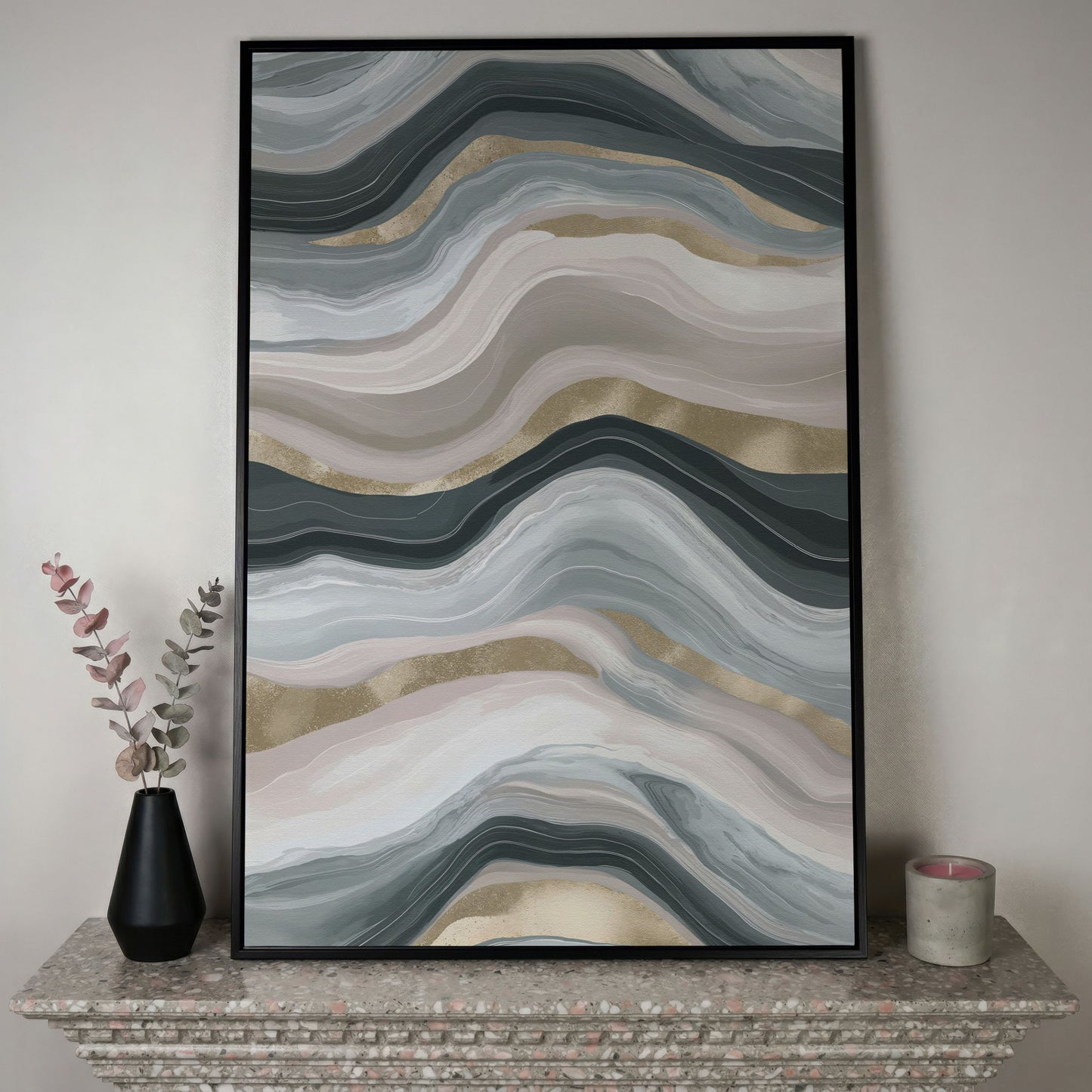Abstract Wavy Lines Canvas Wall Art, Portrait Print in black floating frame